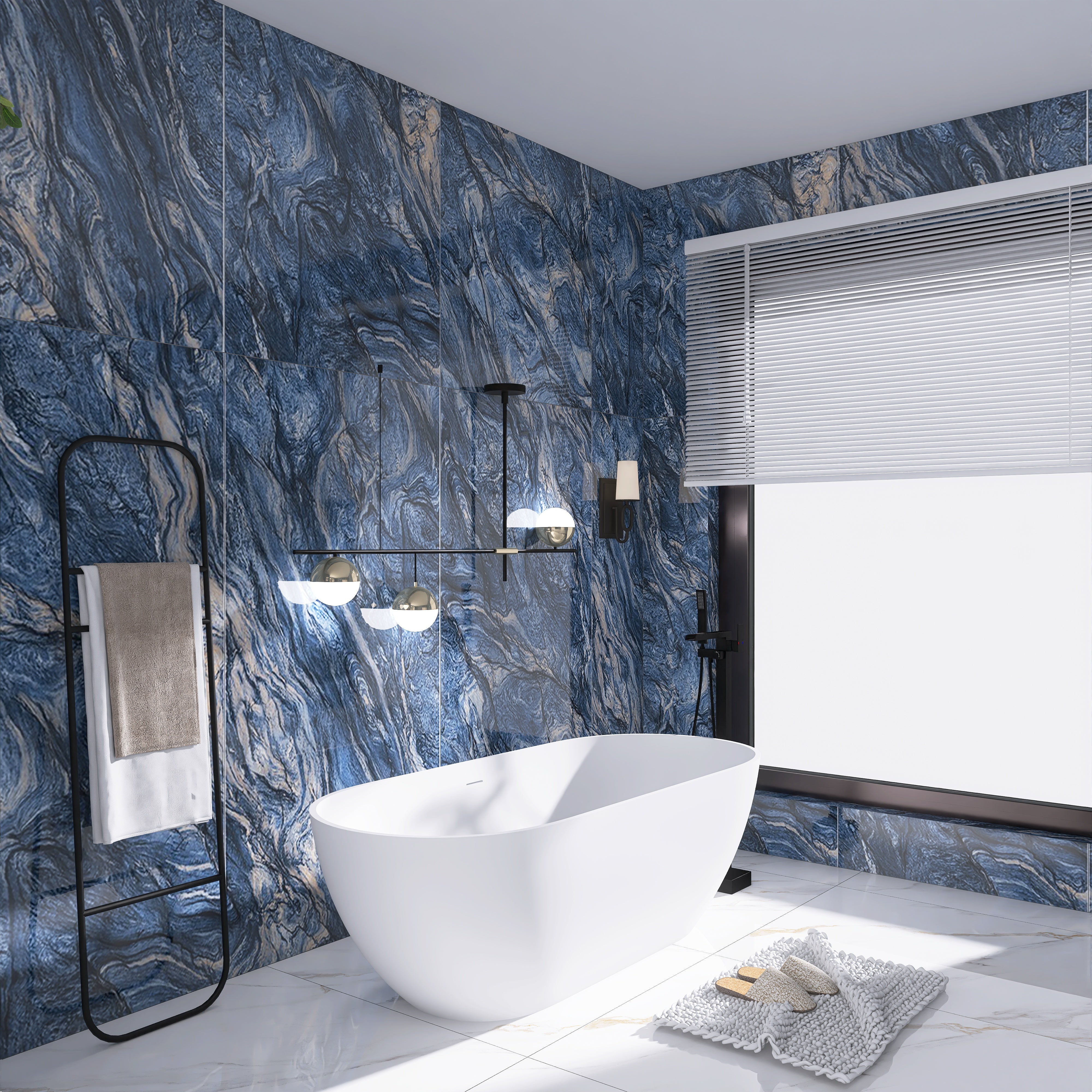 Solid Surface Freestanding Flatbottom Soaking Bathtub in White