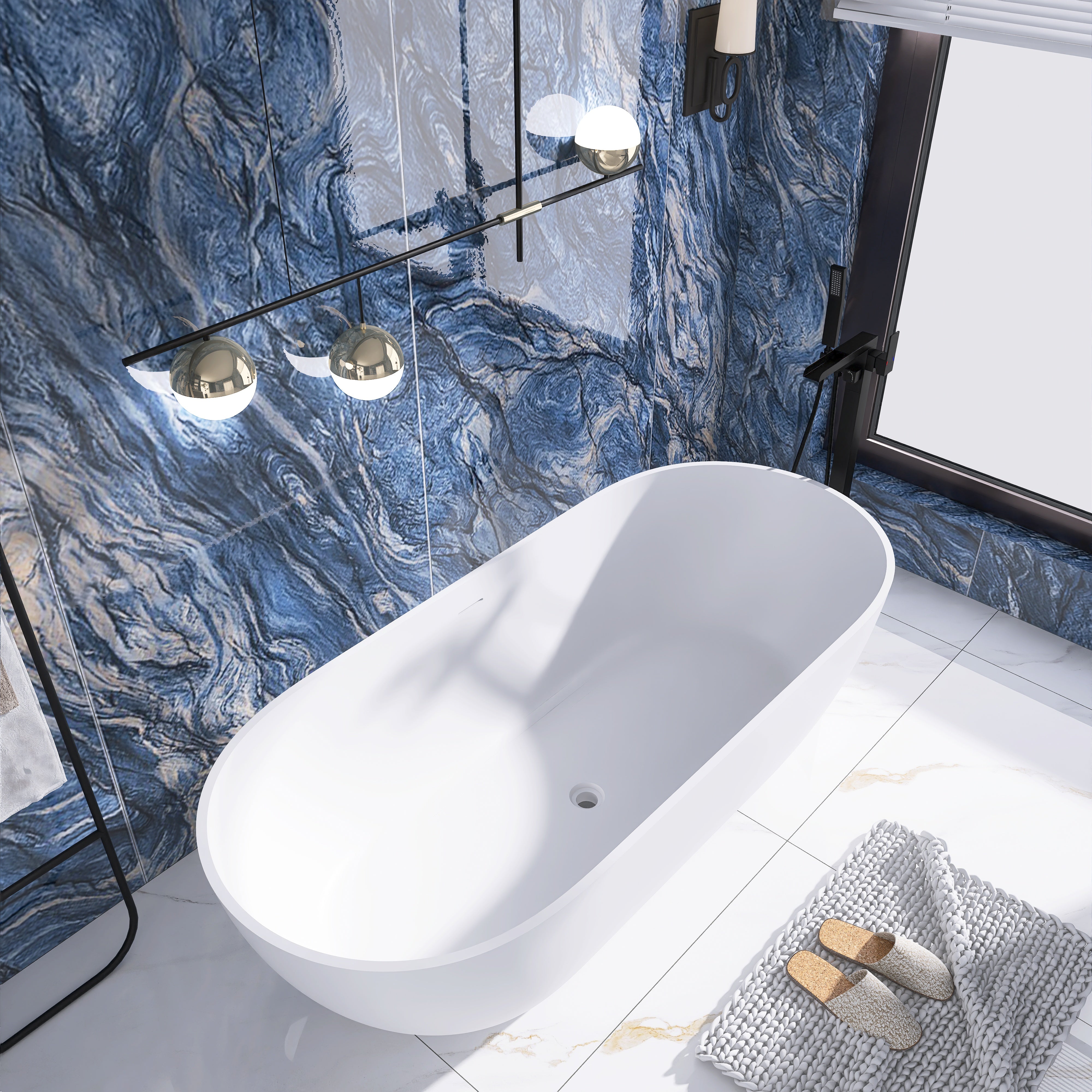 Solid Surface Freestanding Flatbottom Soaking Bathtub in White