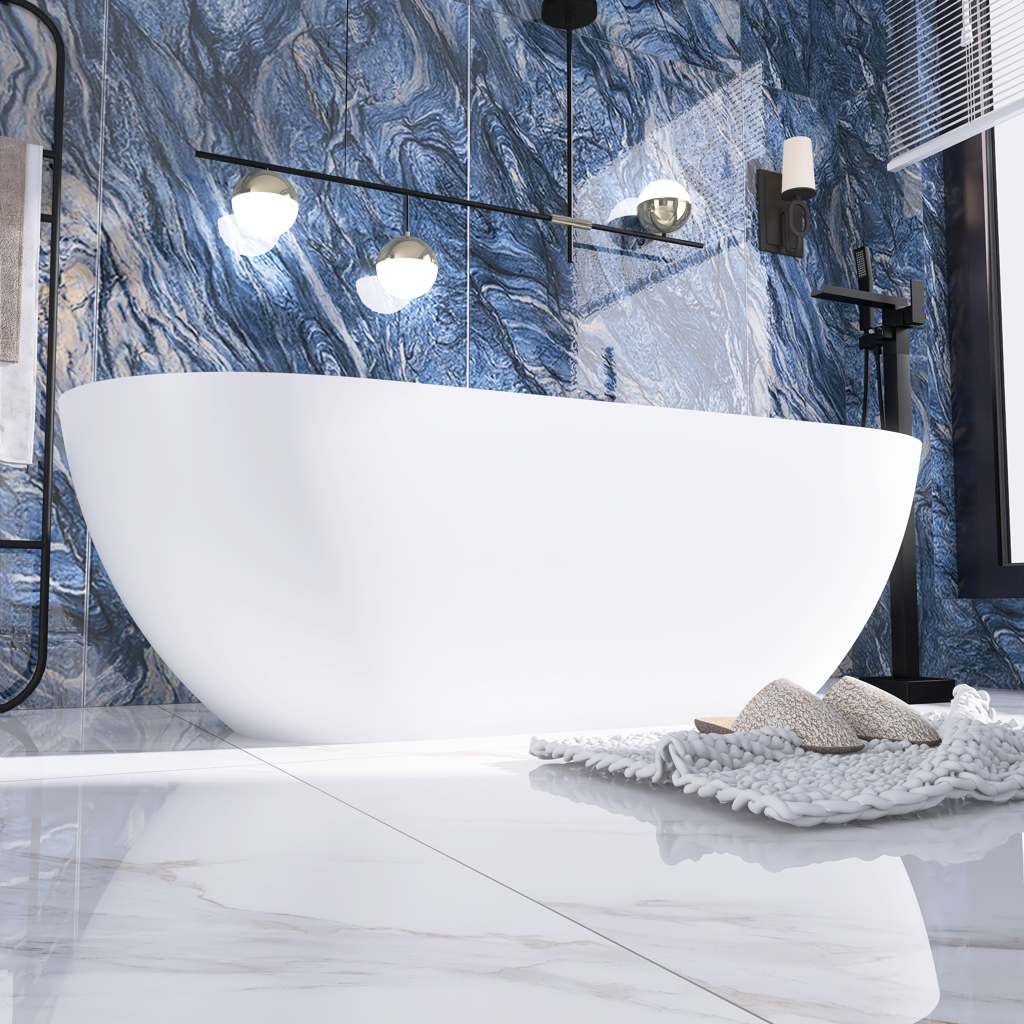 Solid Surface Freestanding Flatbottom Soaking Bathtub in White