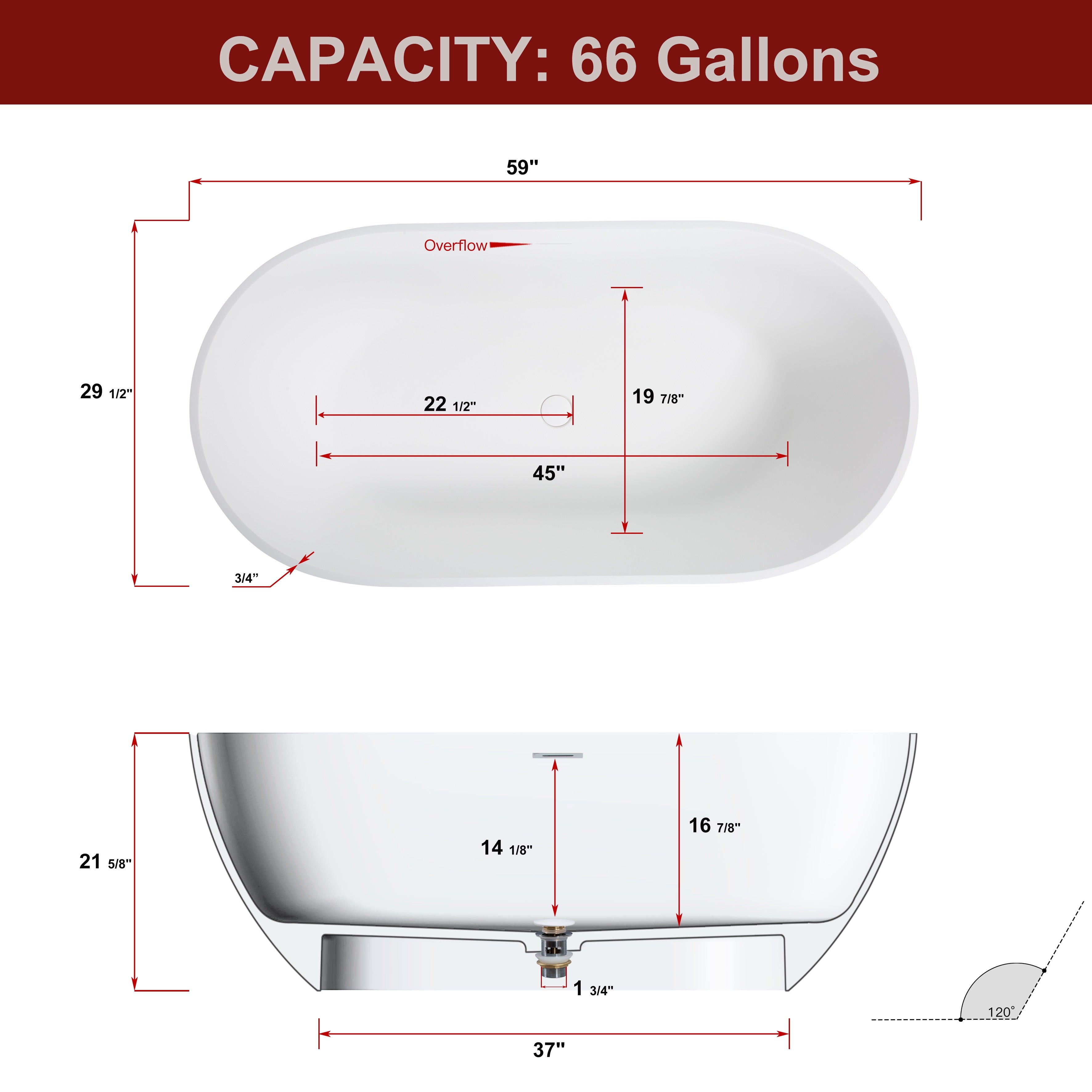 Solid Surface Freestanding Flatbottom Soaking Bathtub in White