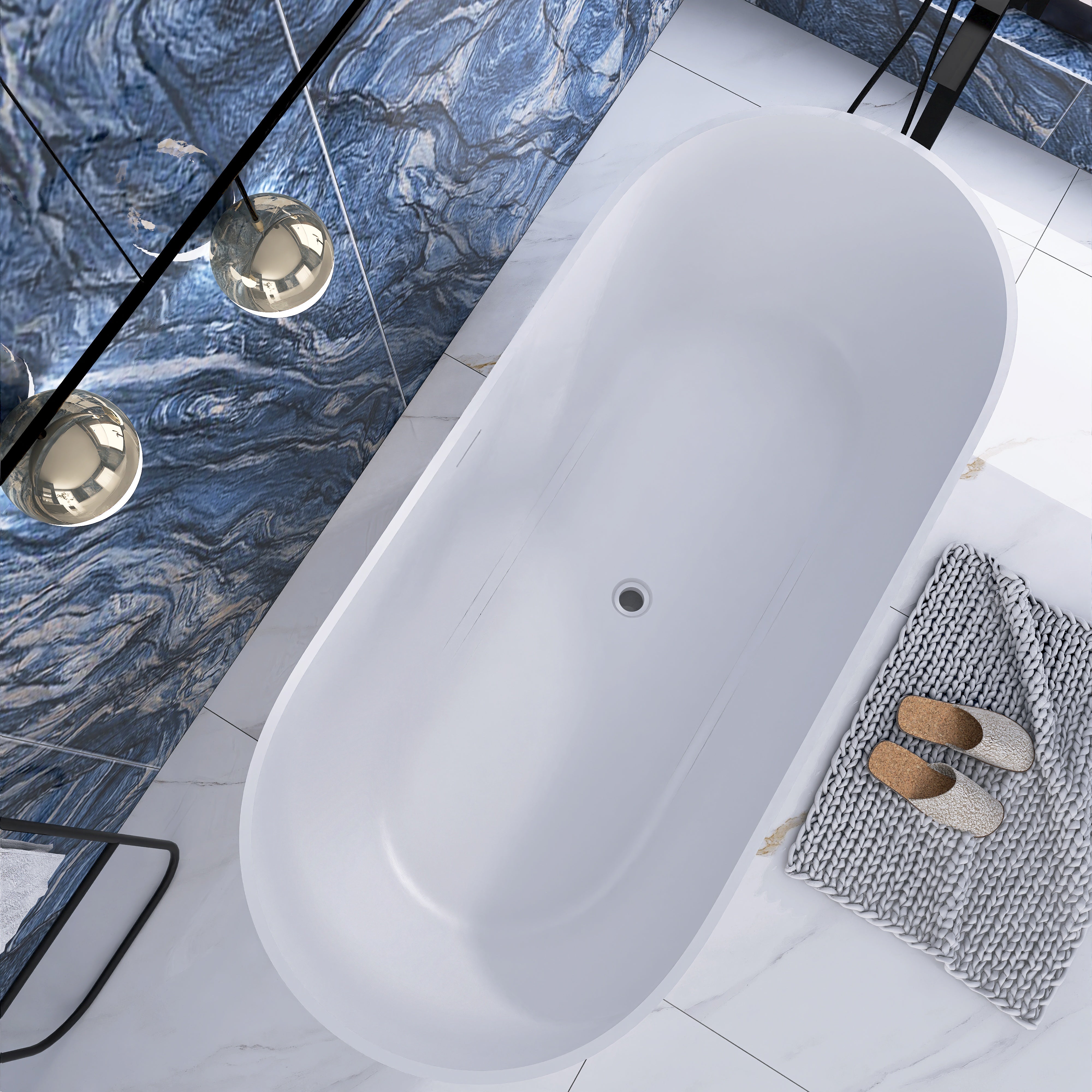 Solid Surface Freestanding Flatbottom Soaking Bathtub in White