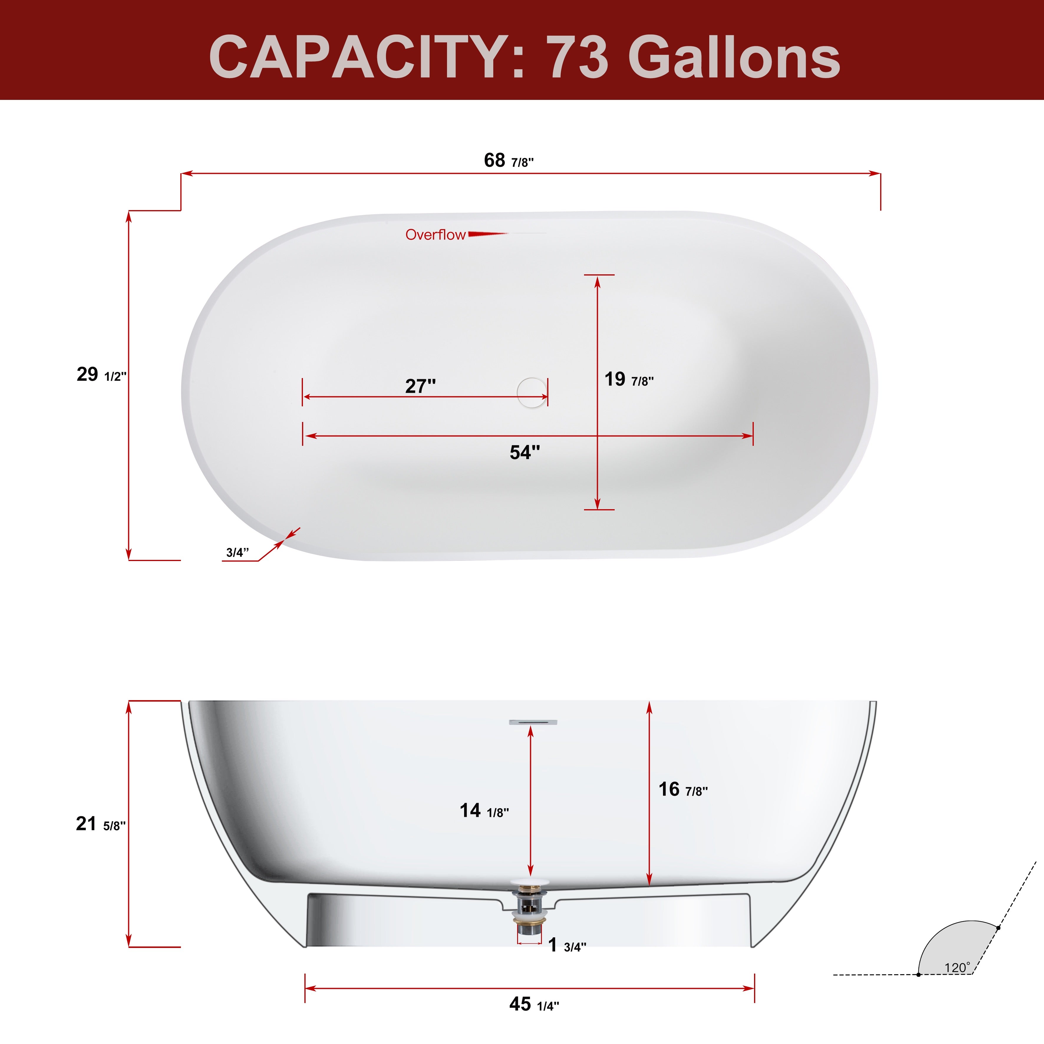 Solid Surface Freestanding Flatbottom Soaking Bathtub in White