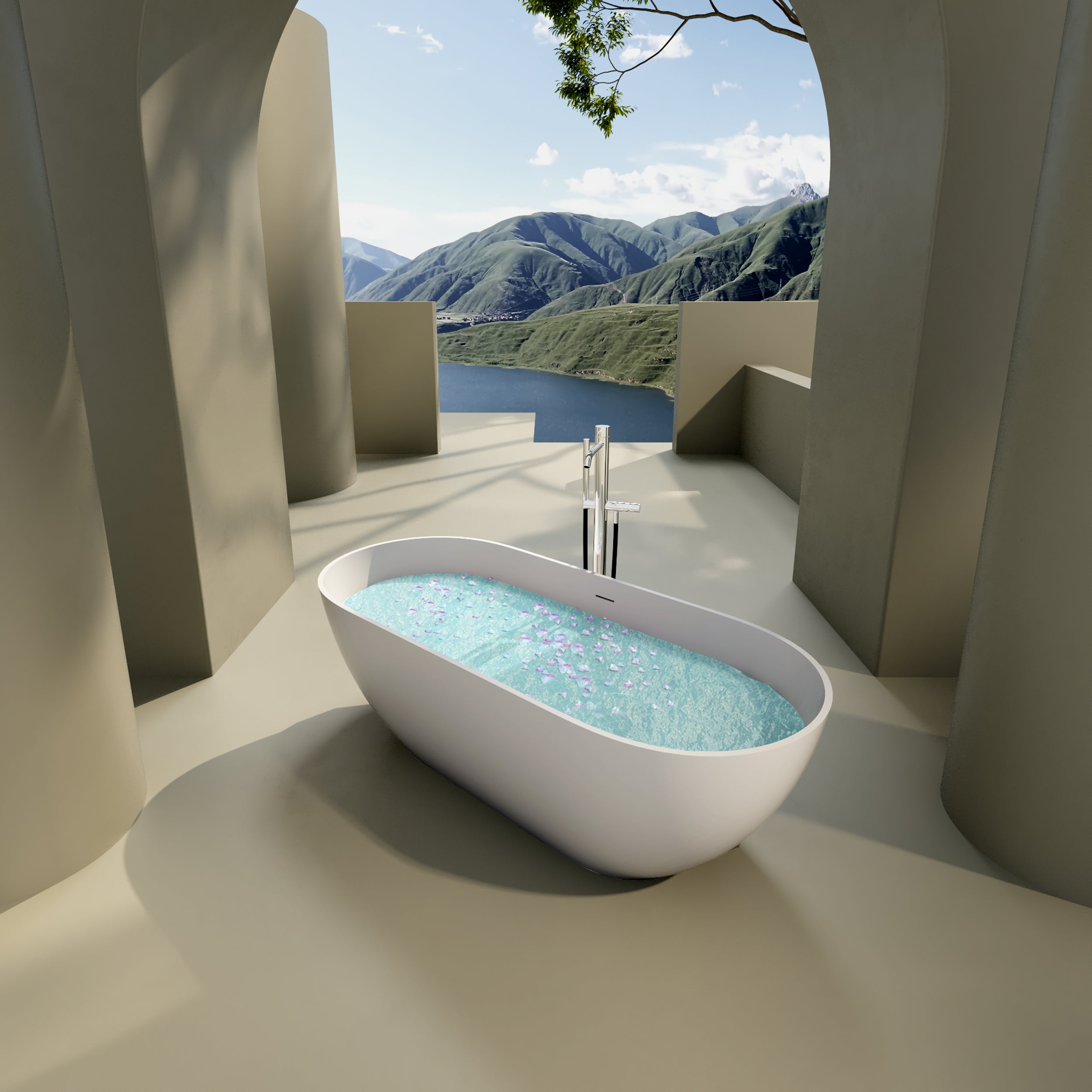 Solid Surface Freestanding Flatbottom Soaking Bathtub in White