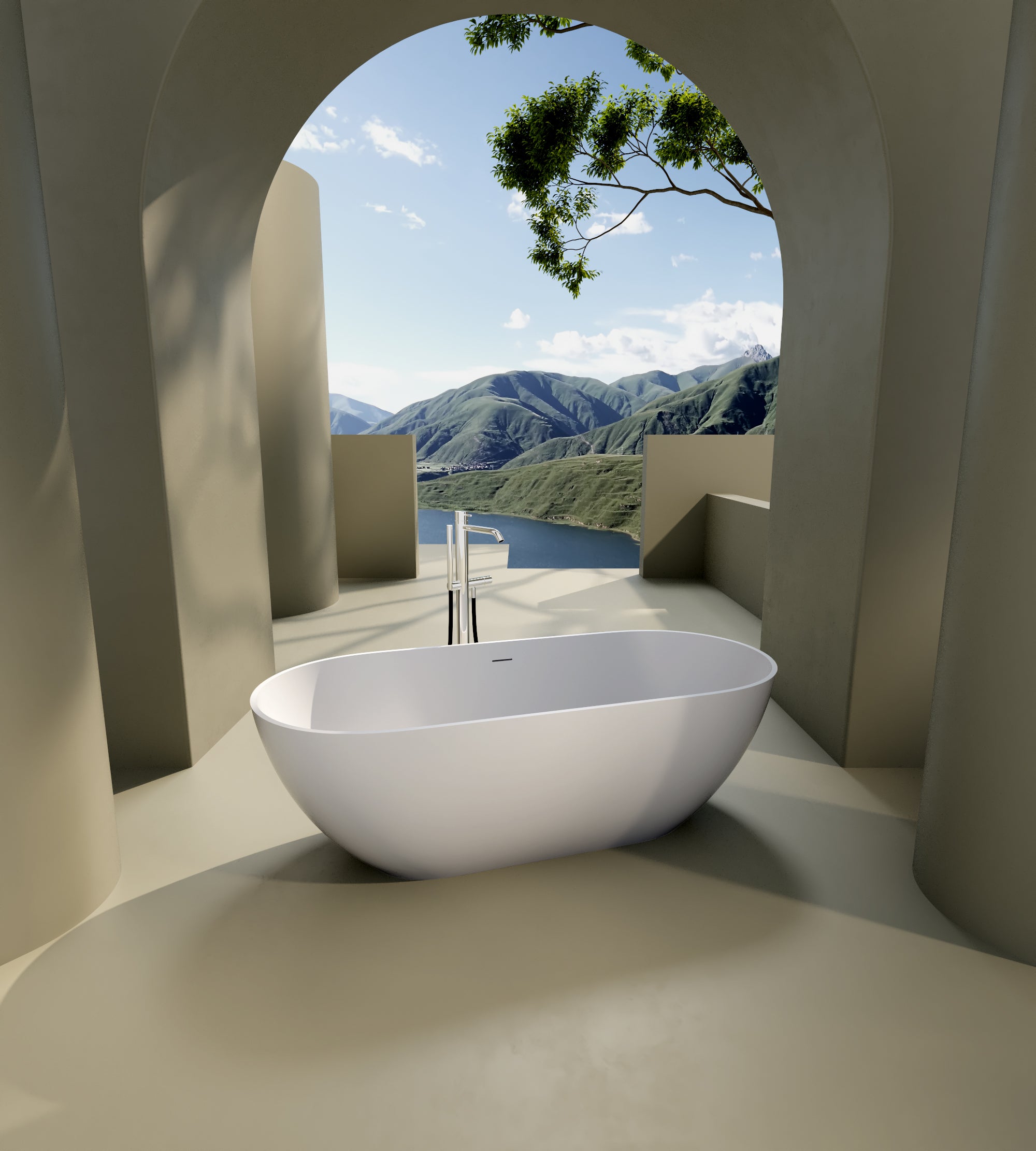 Solid Surface Freestanding Flatbottom Soaking Bathtub in White