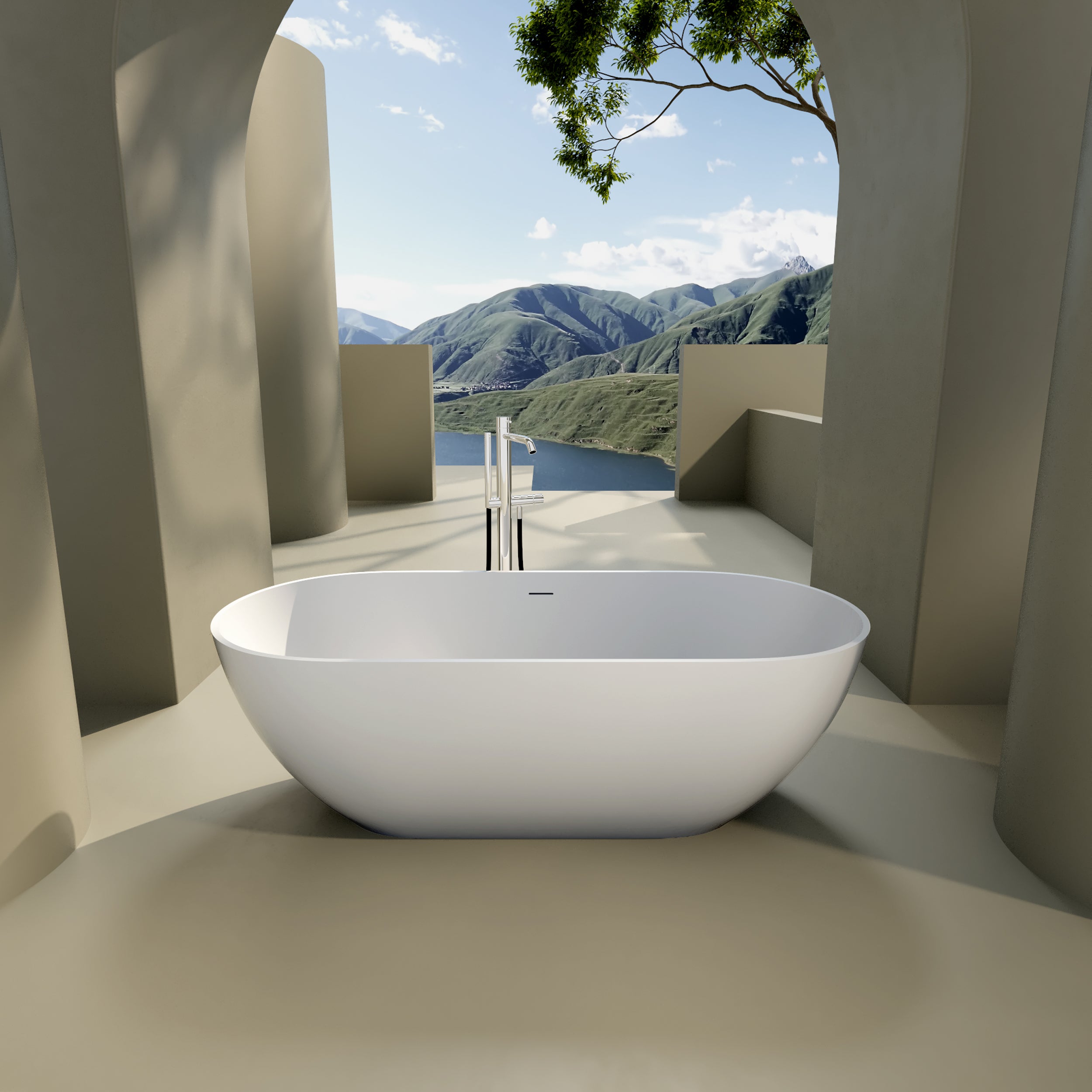 Solid Surface Freestanding Flatbottom Soaking Bathtub in White