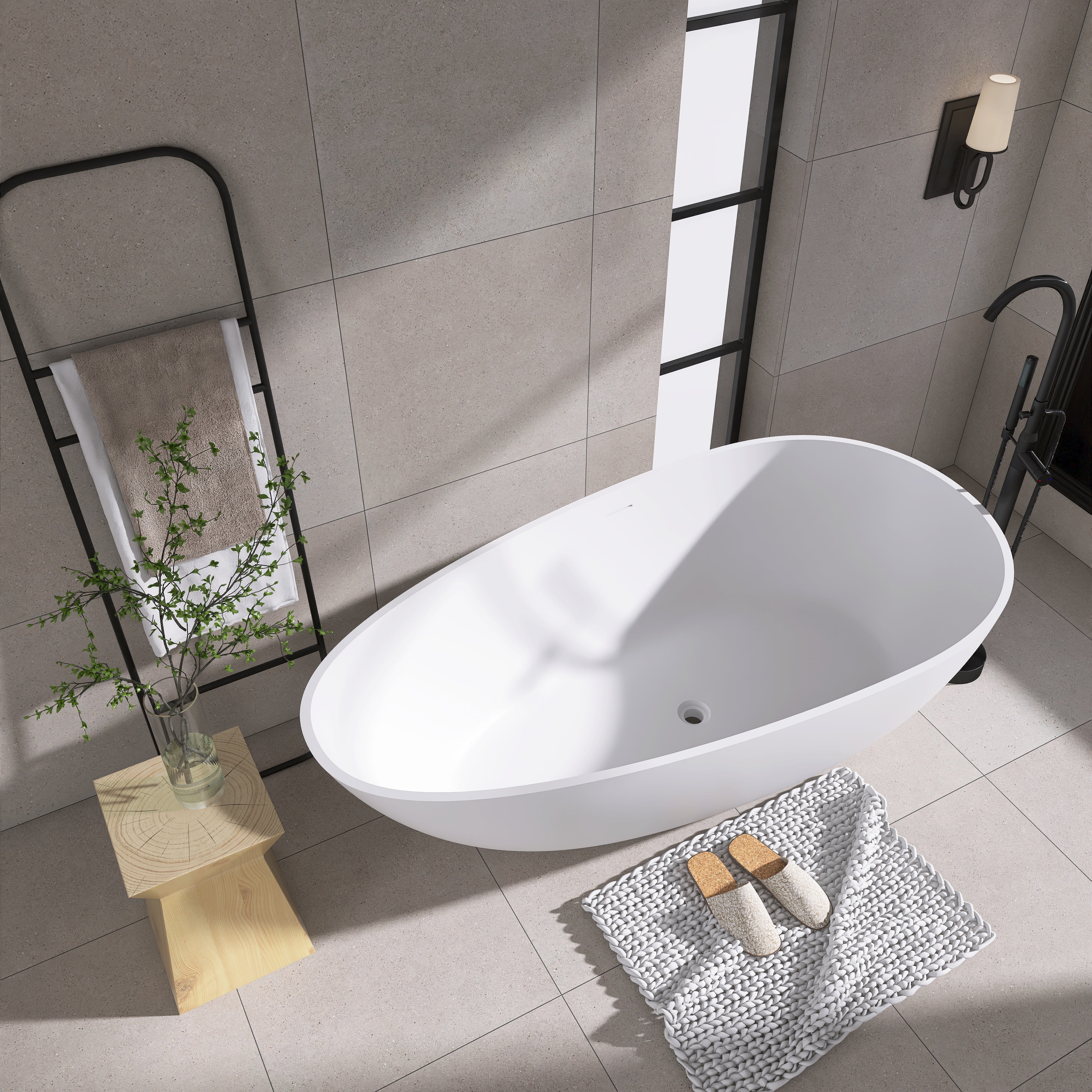Solid Surface Freestanding Flatbottom Soaking Bathtub in White