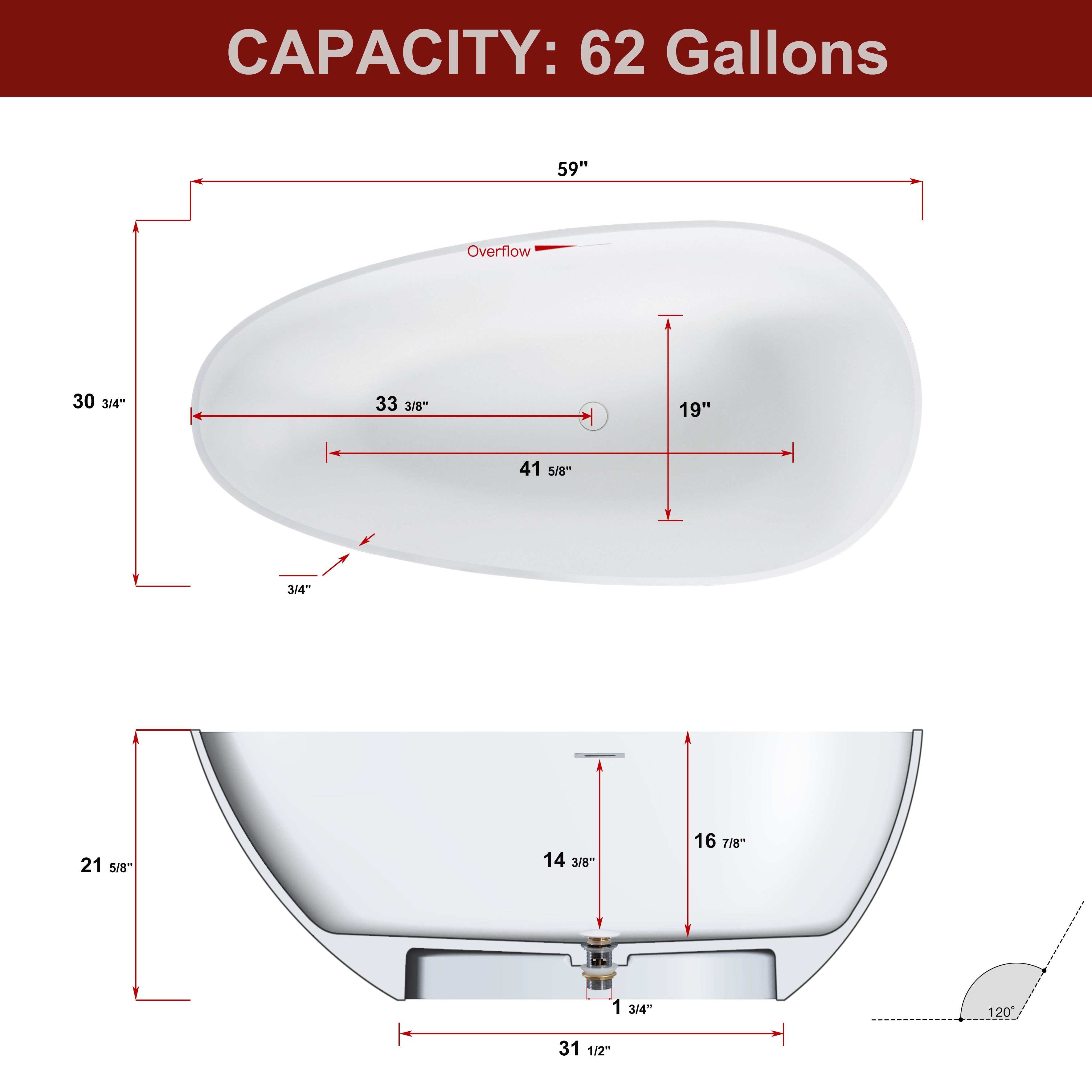 Solid Surface Freestanding Flatbottom Soaking Bathtub in White