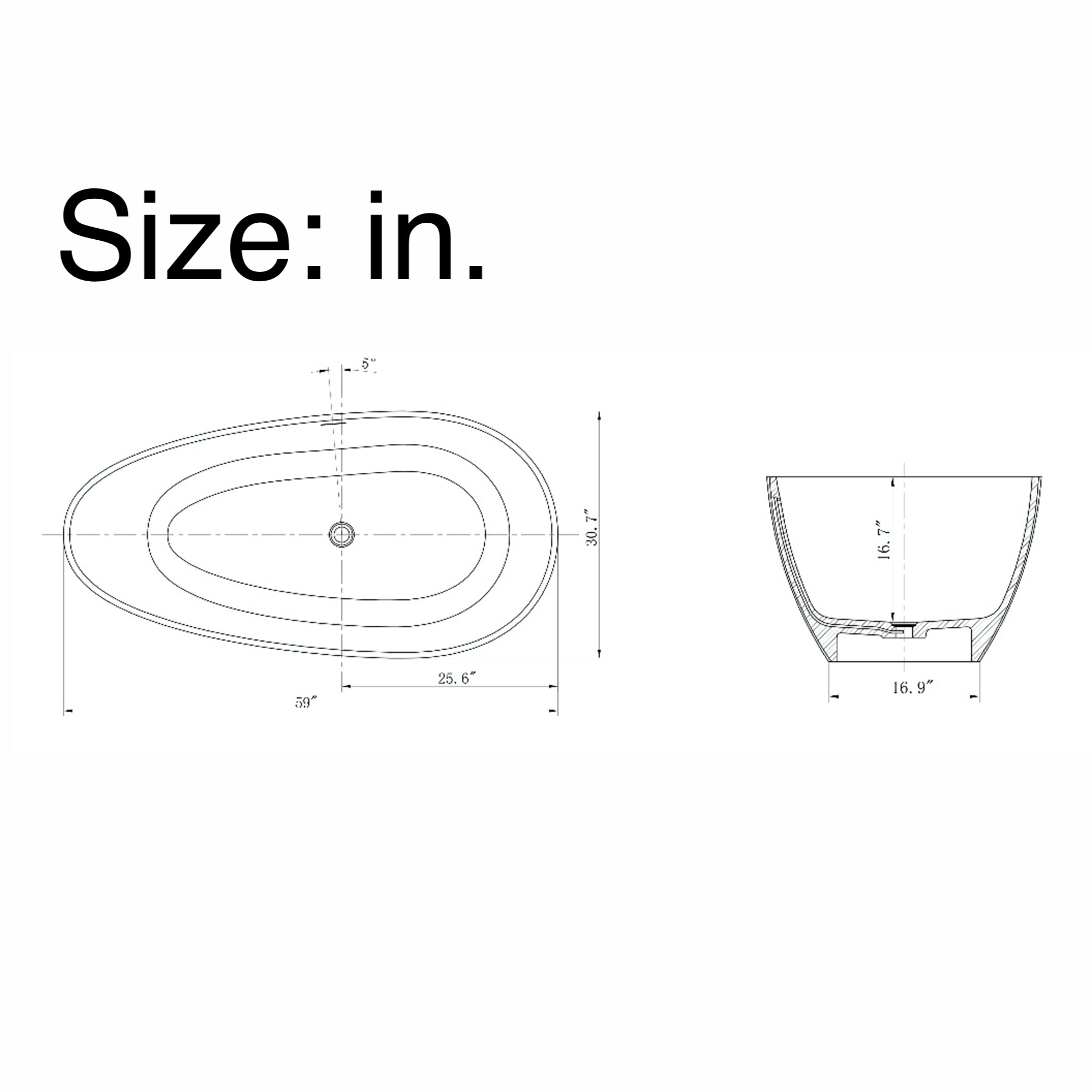 Solid Surface Freestanding Flatbottom Soaking Bathtub in White