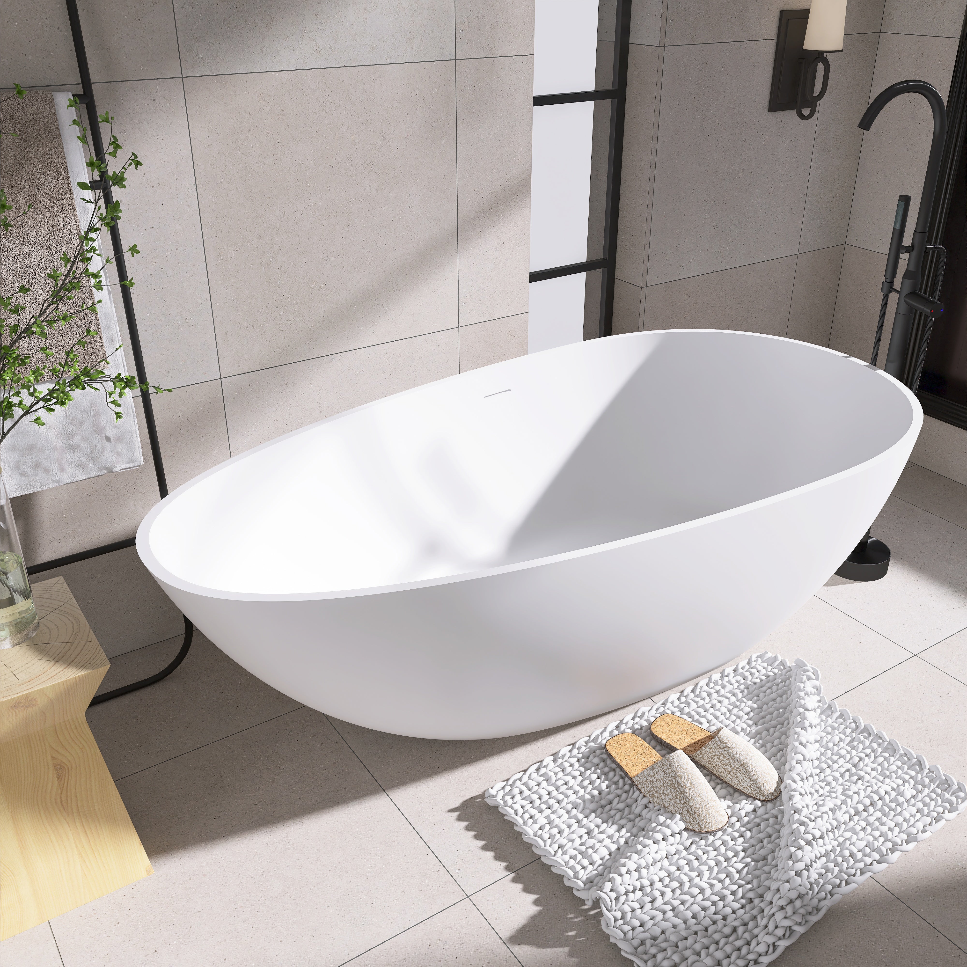 Solid Surface Freestanding Flatbottom Soaking Bathtub in White