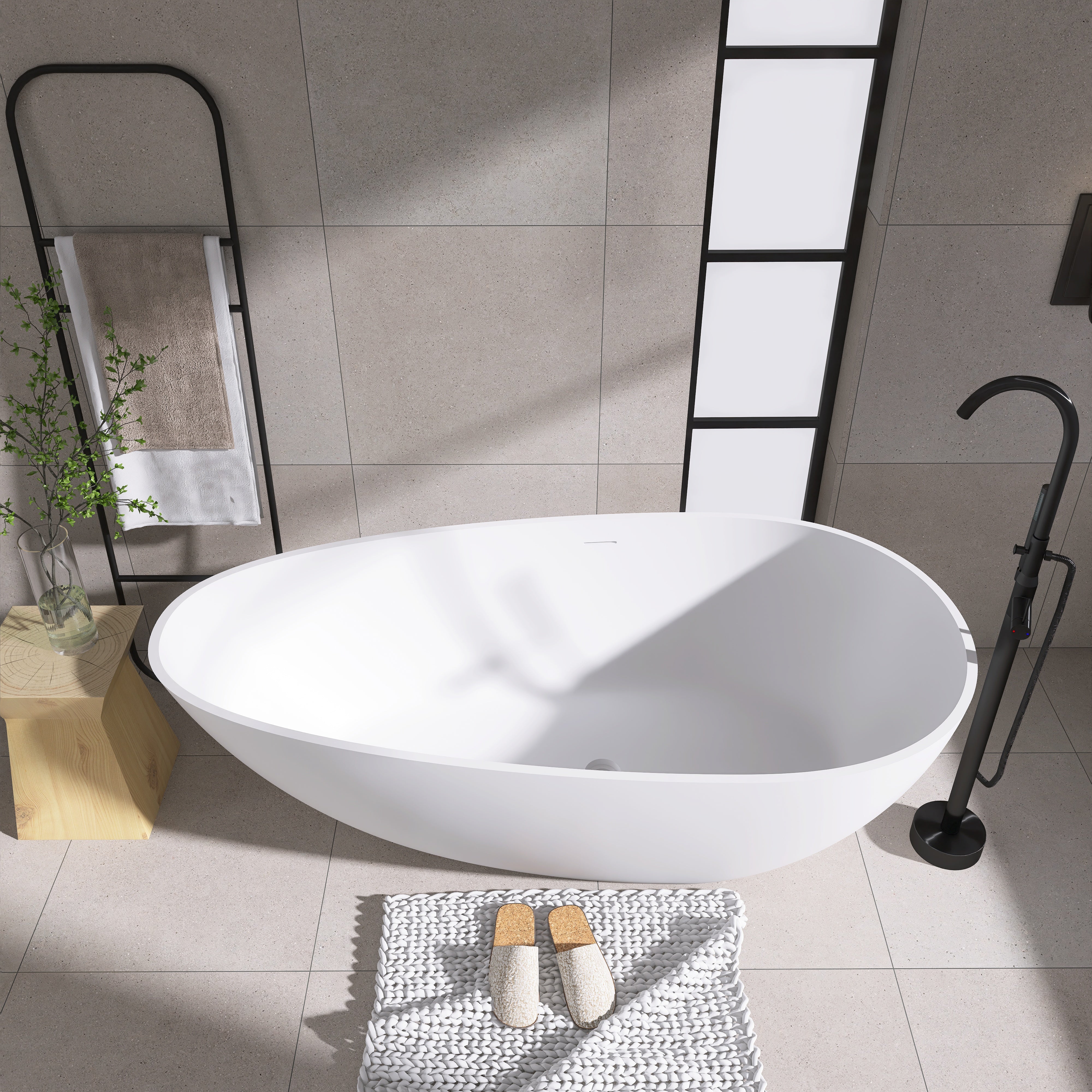 Solid Surface Freestanding Flatbottom Soaking Bathtub in White