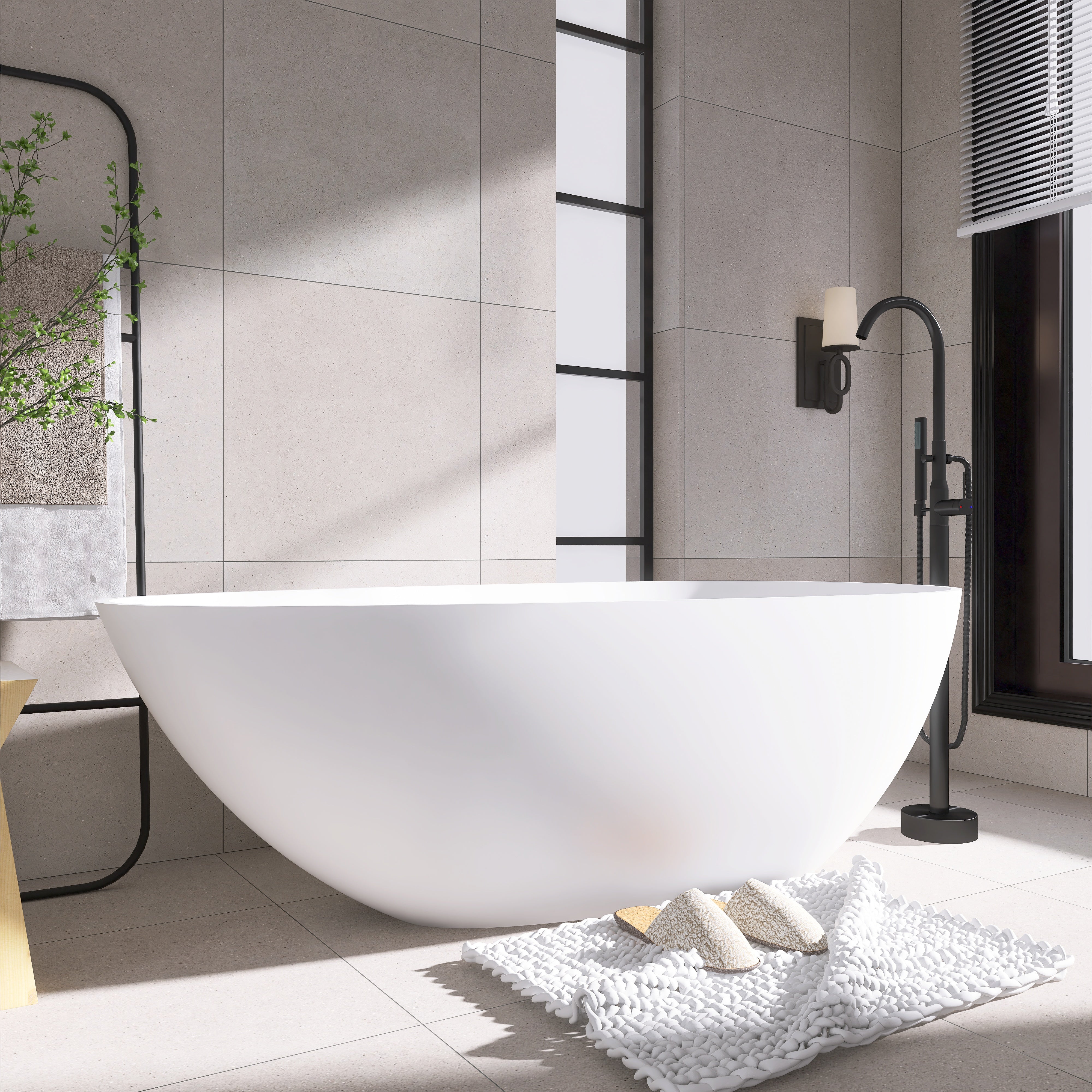 Solid Surface Freestanding Flatbottom Soaking Bathtub in White