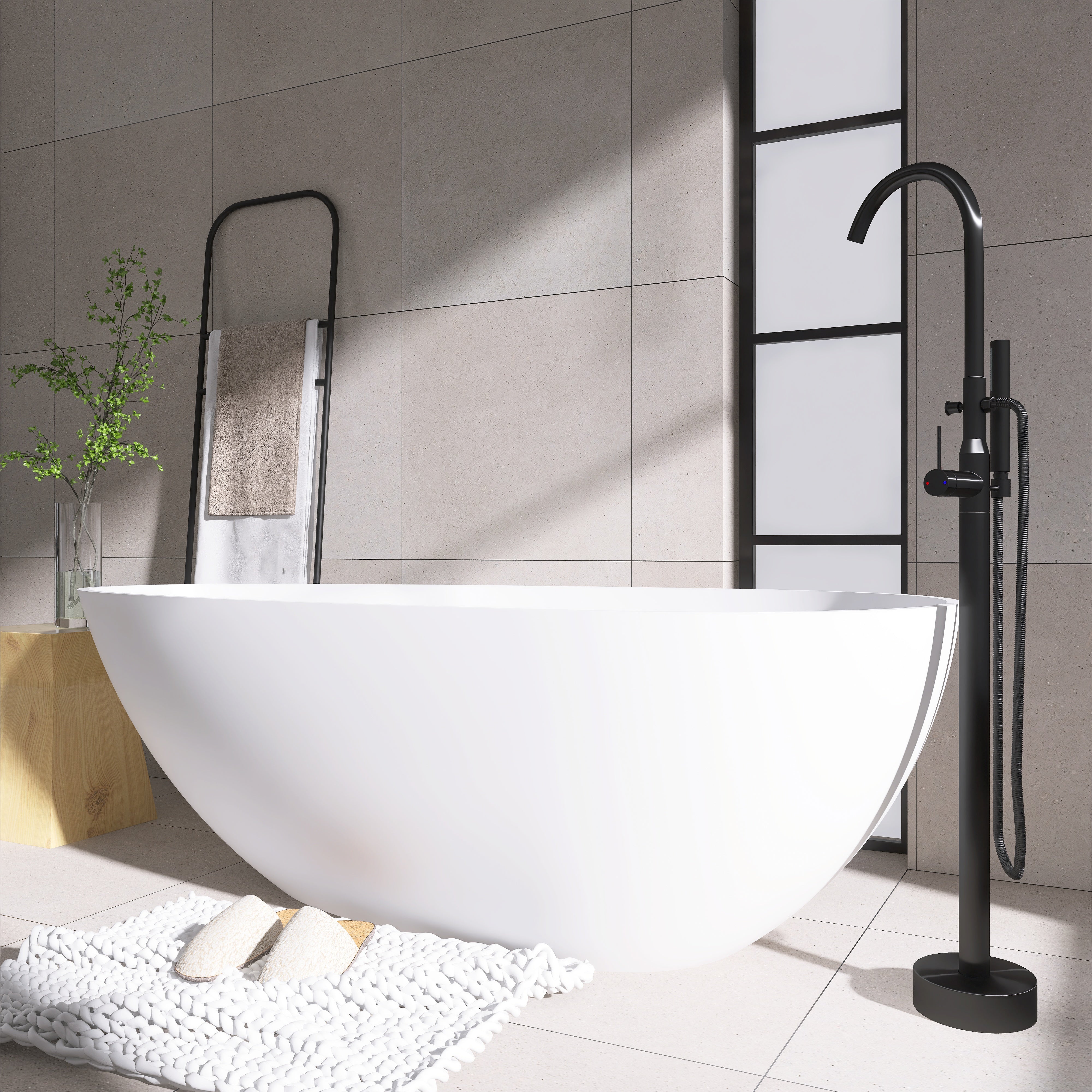 Solid Surface Freestanding Flatbottom Soaking Bathtub in White