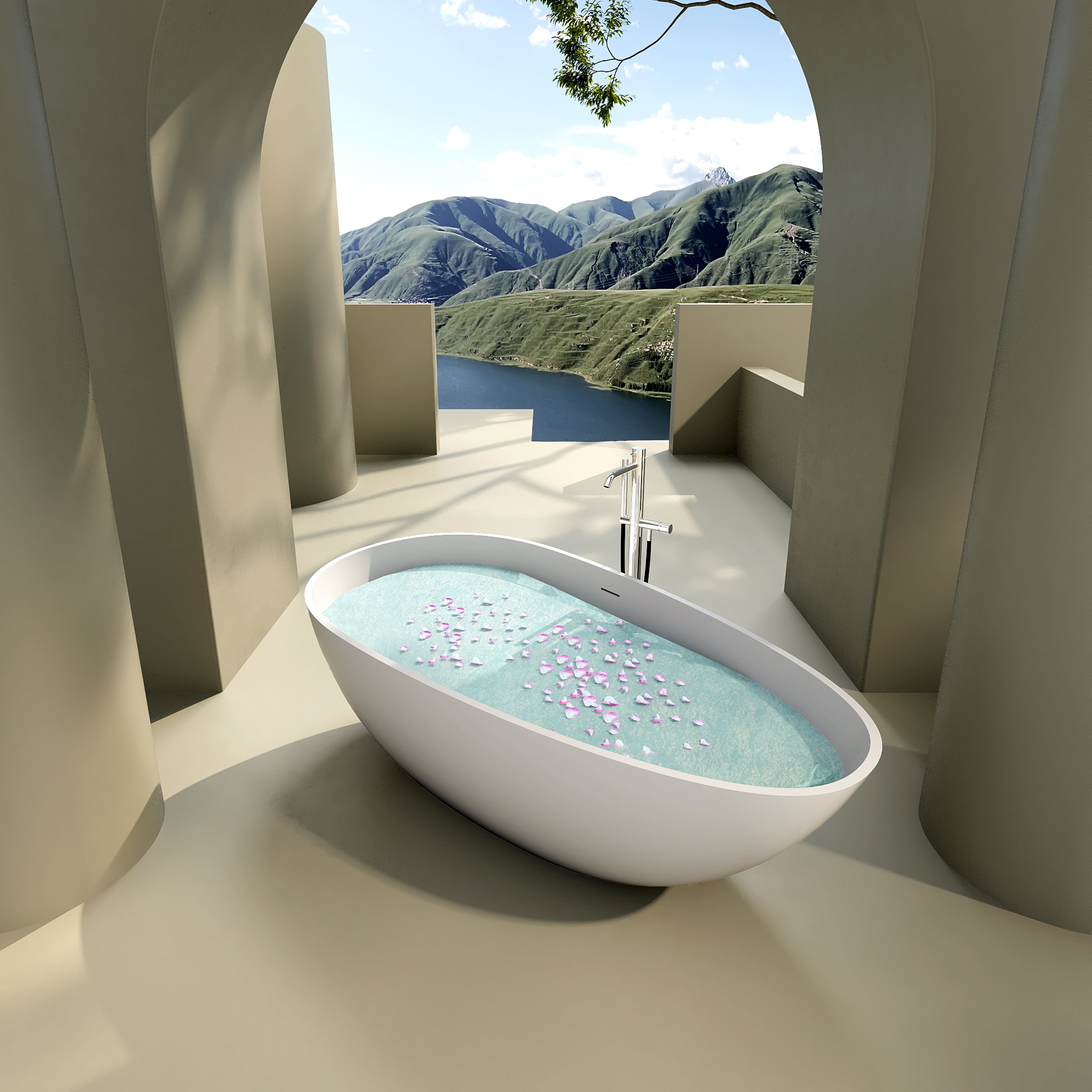 Solid Surface Freestanding Flatbottom Soaking Bathtub in White