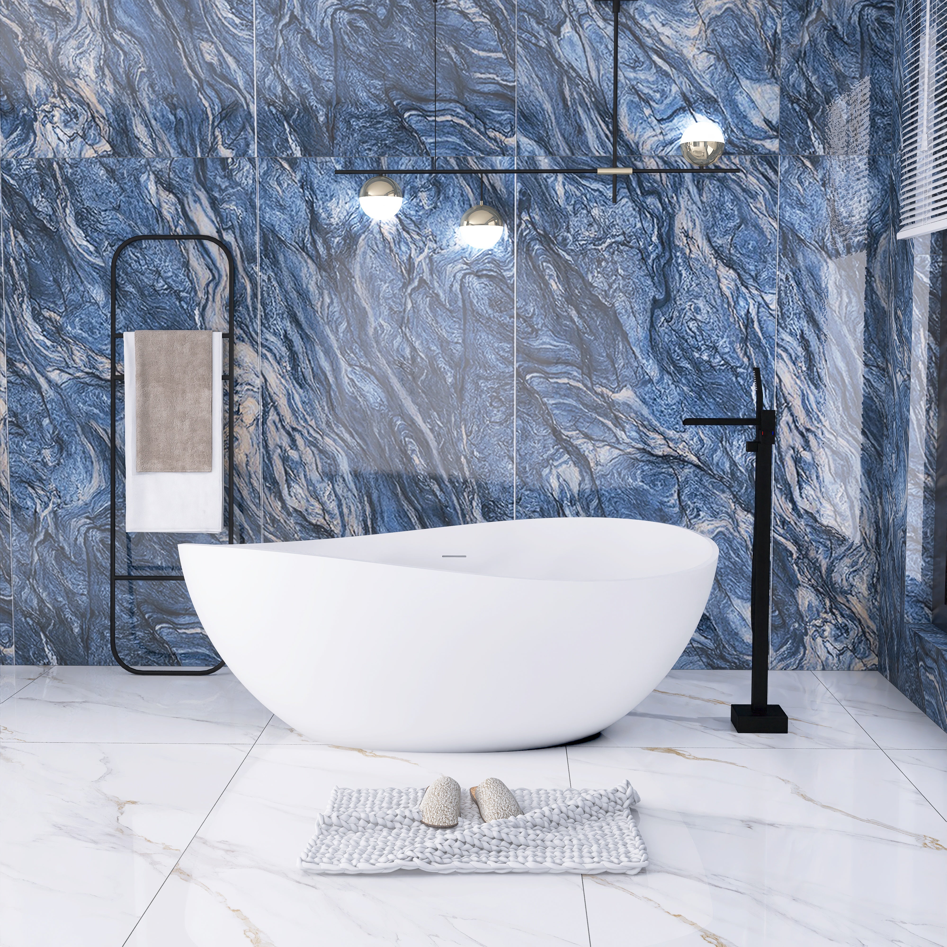 Solid Surface Freestanding Flatbottom Soaking Bathtub in Matte White