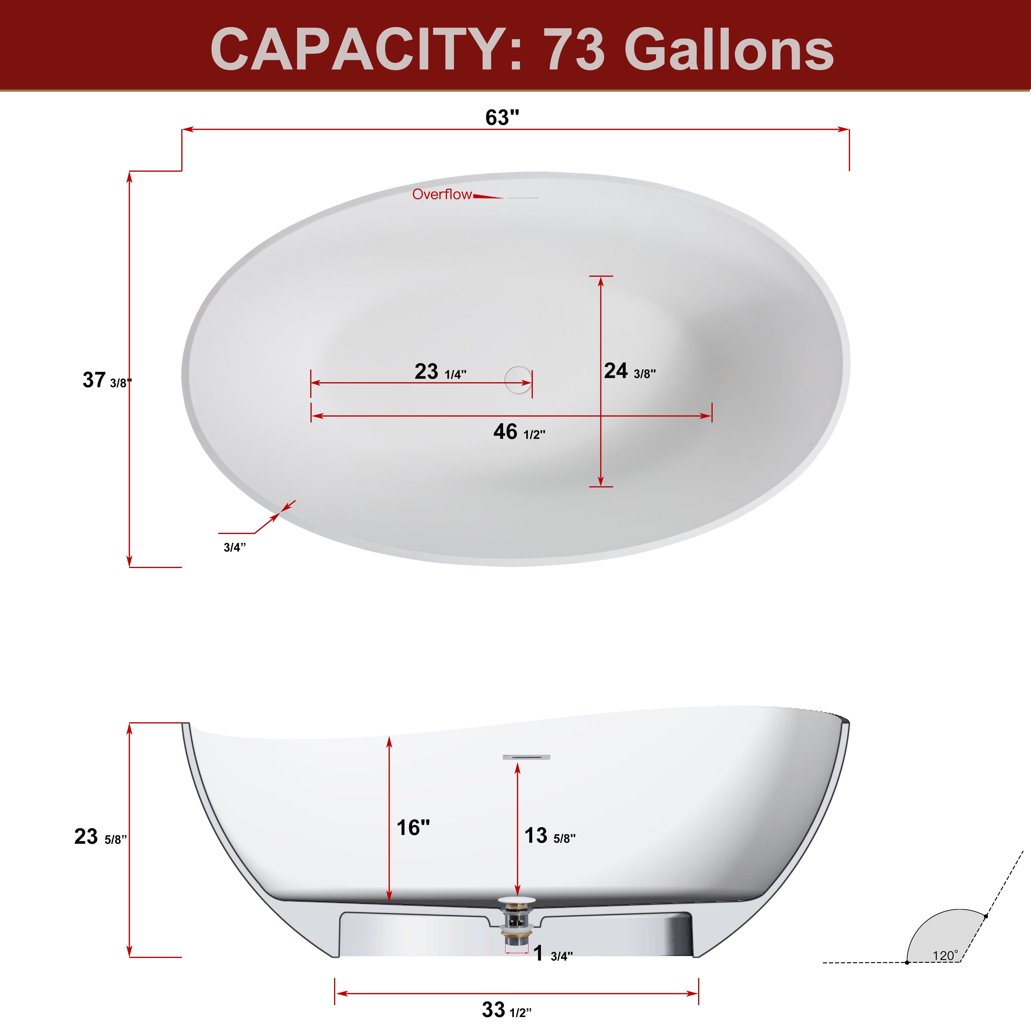 Solid Surface Freestanding Flatbottom Soaking Bathtub in Matte White