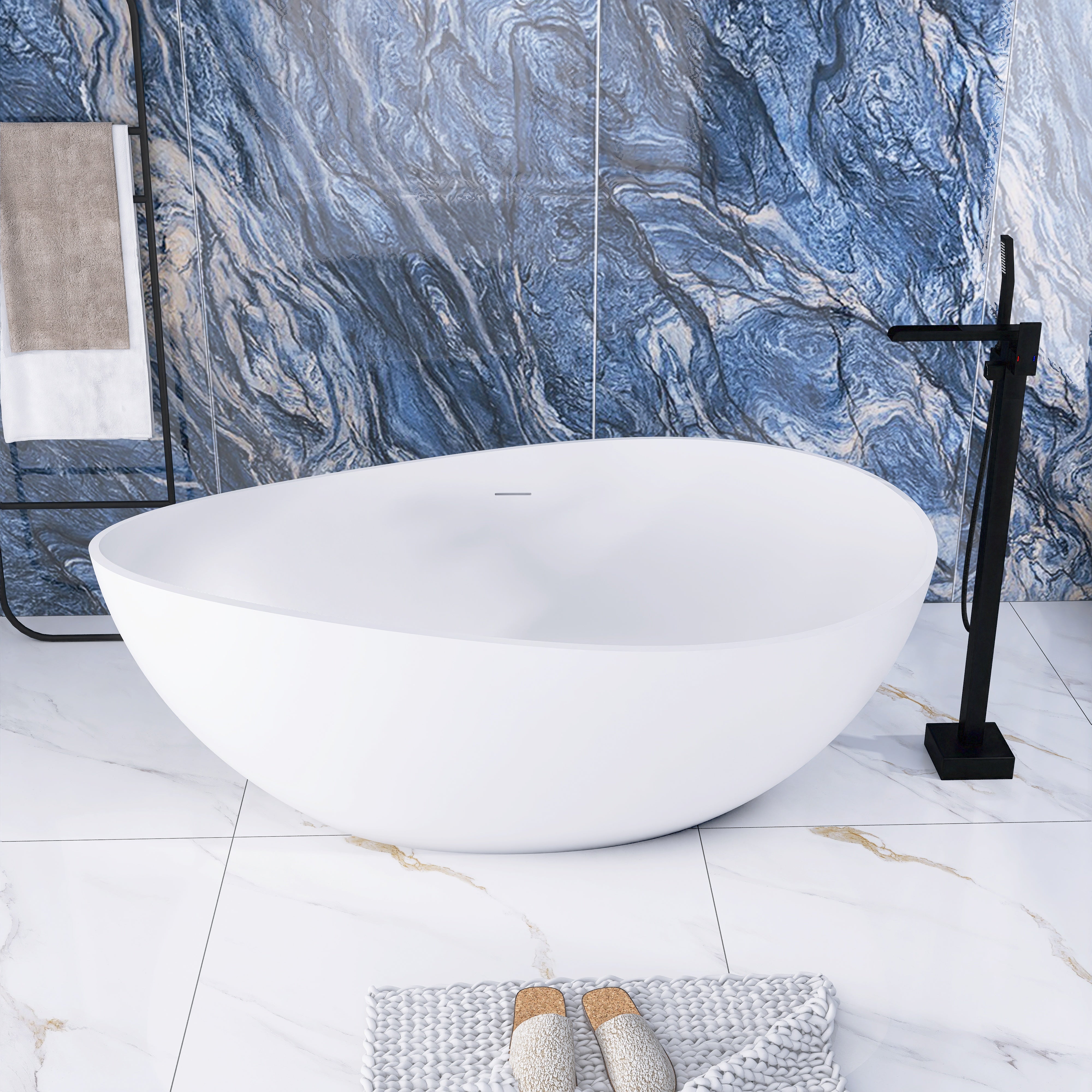 Solid Surface Freestanding Flatbottom Soaking Bathtub in Matte White