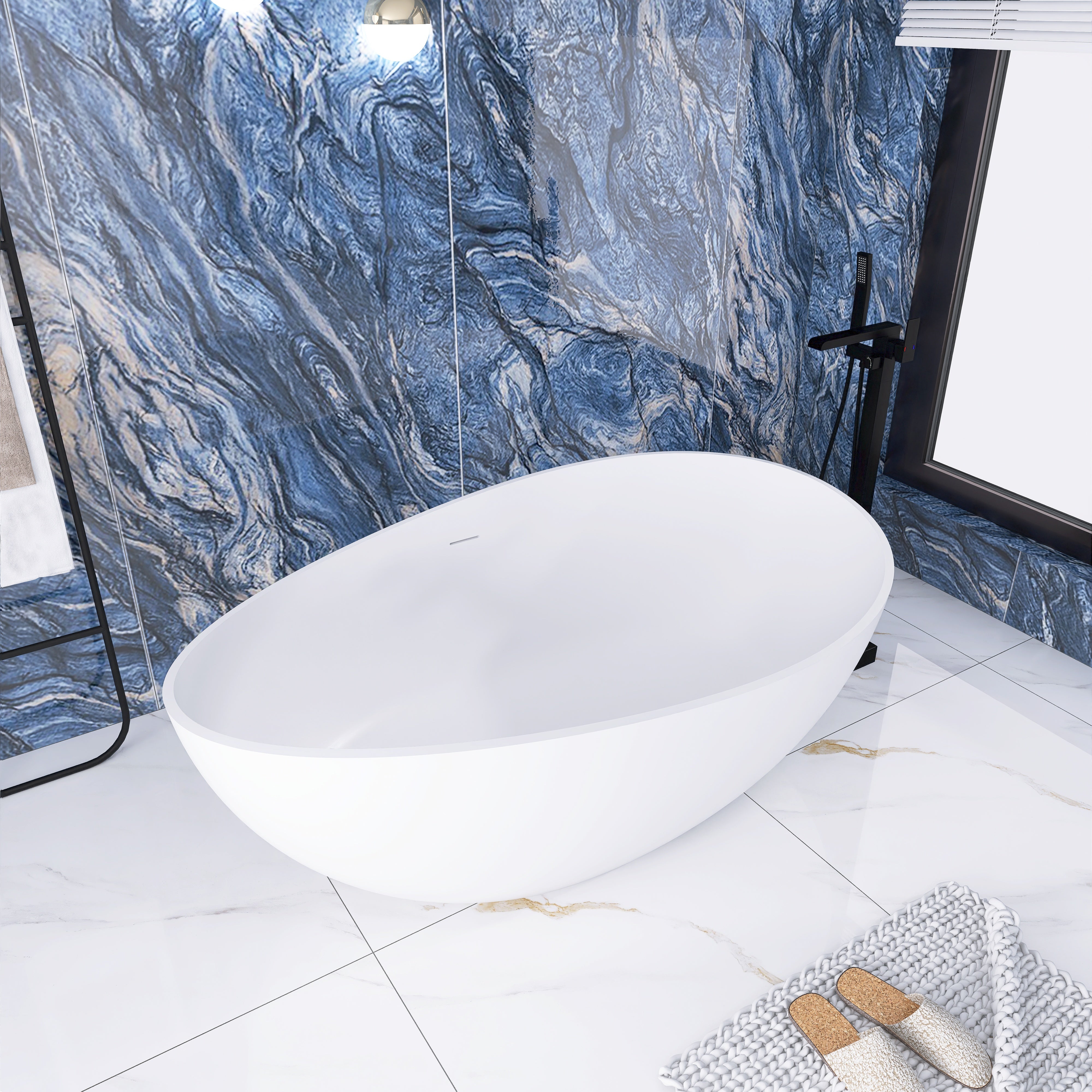 Solid Surface Freestanding Flatbottom Soaking Bathtub in Matte White
