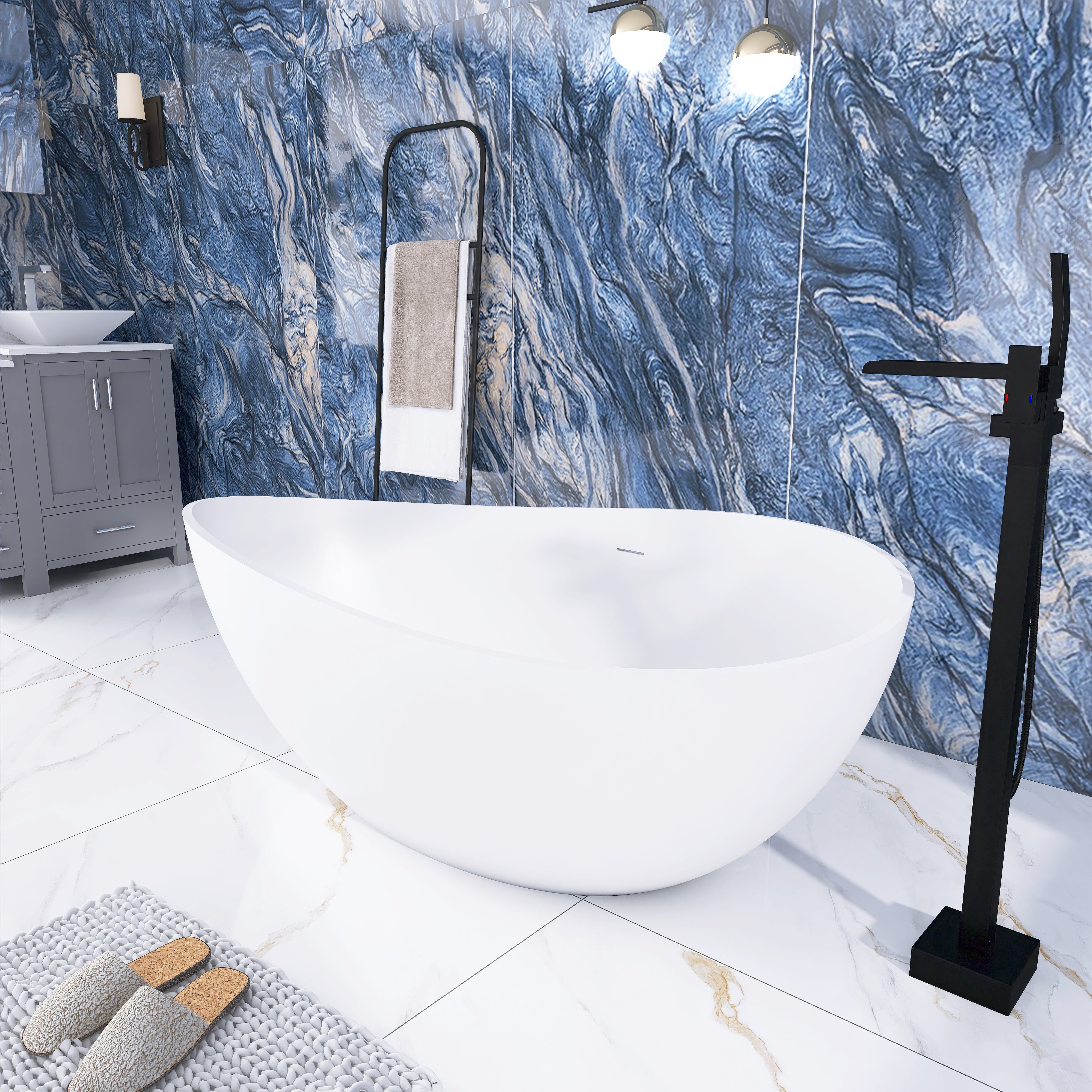 Solid Surface Freestanding Flatbottom Soaking Bathtub in Matte White