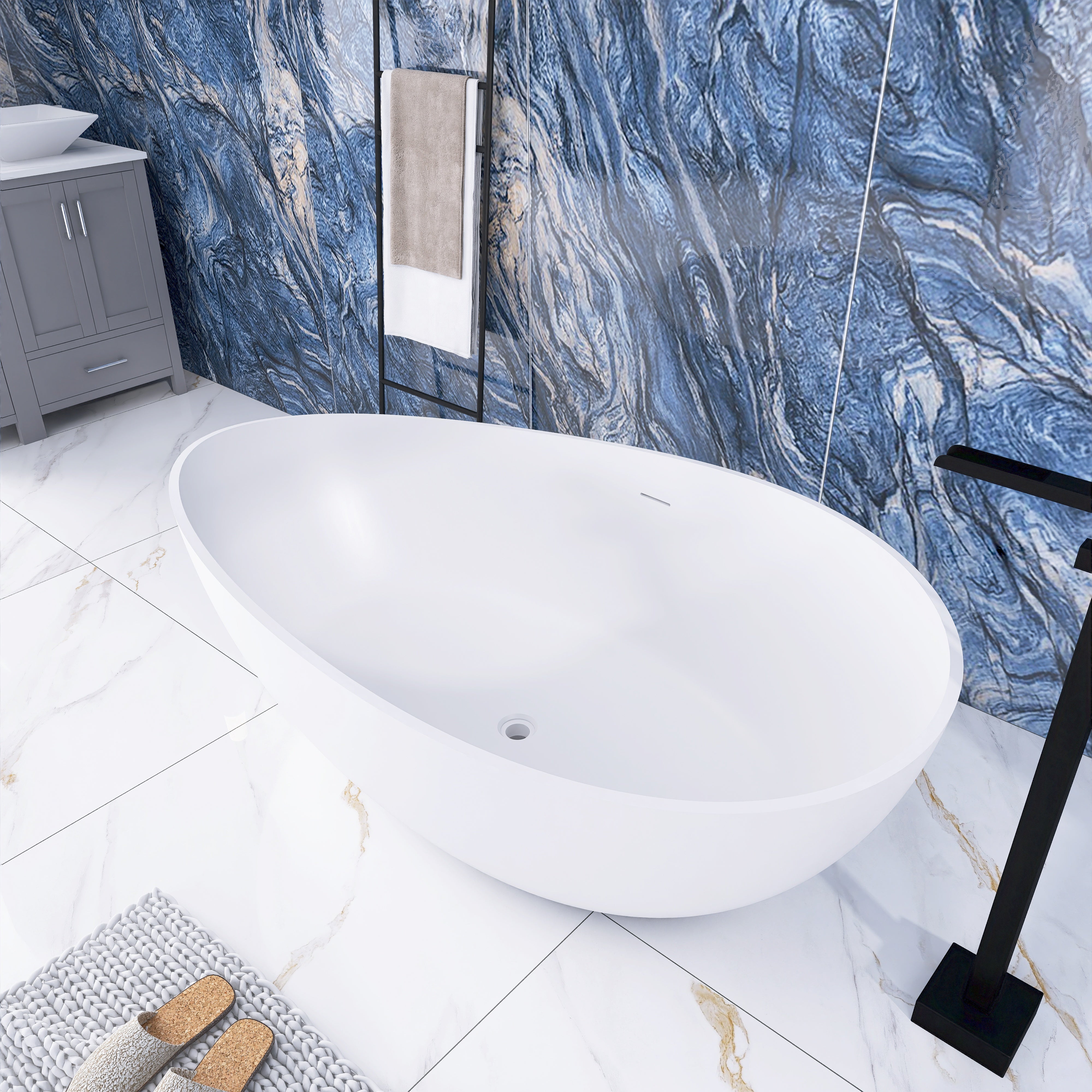 Solid Surface Freestanding Flatbottom Soaking Bathtub in Matte White