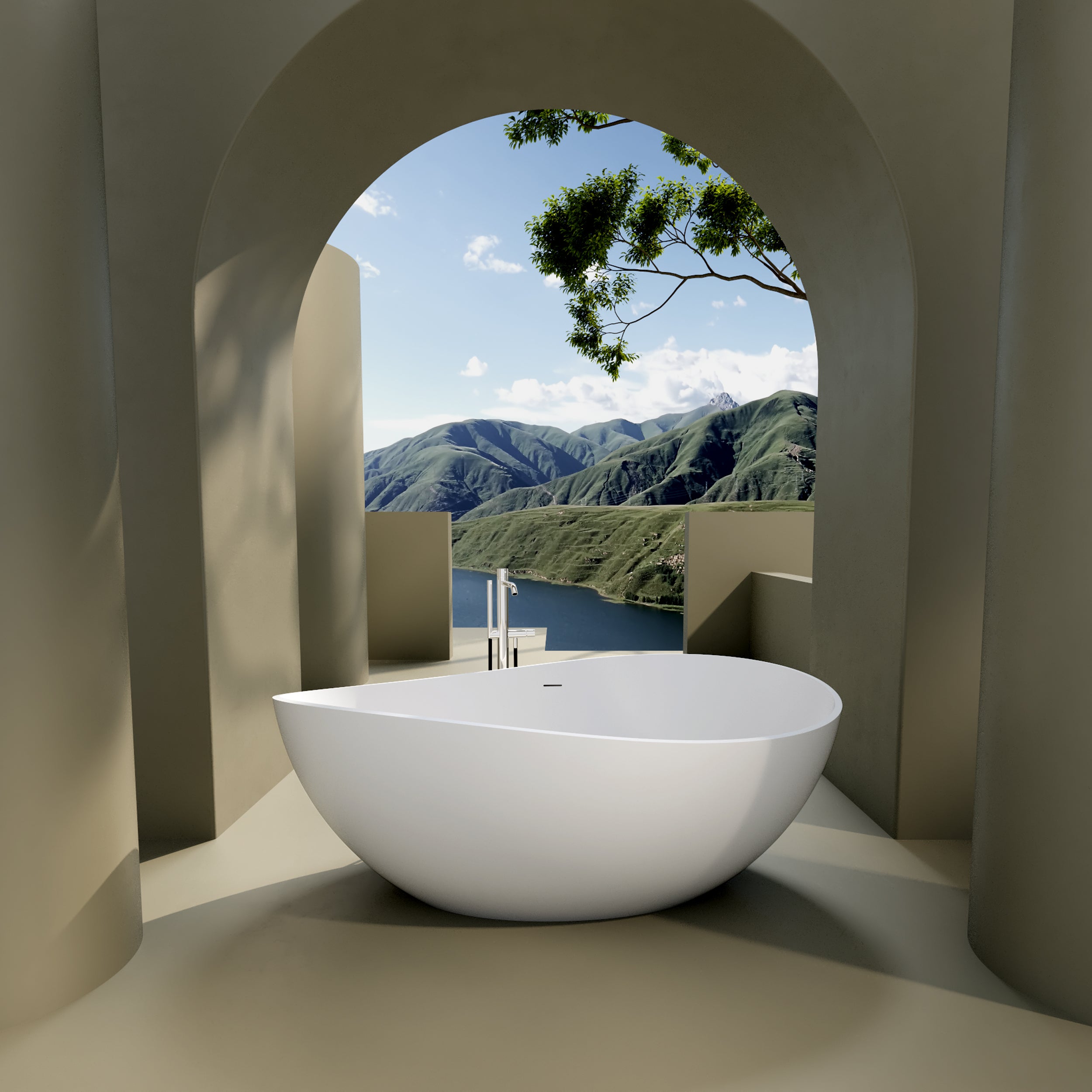 Solid Surface Freestanding Flatbottom Soaking Bathtub in Matte White