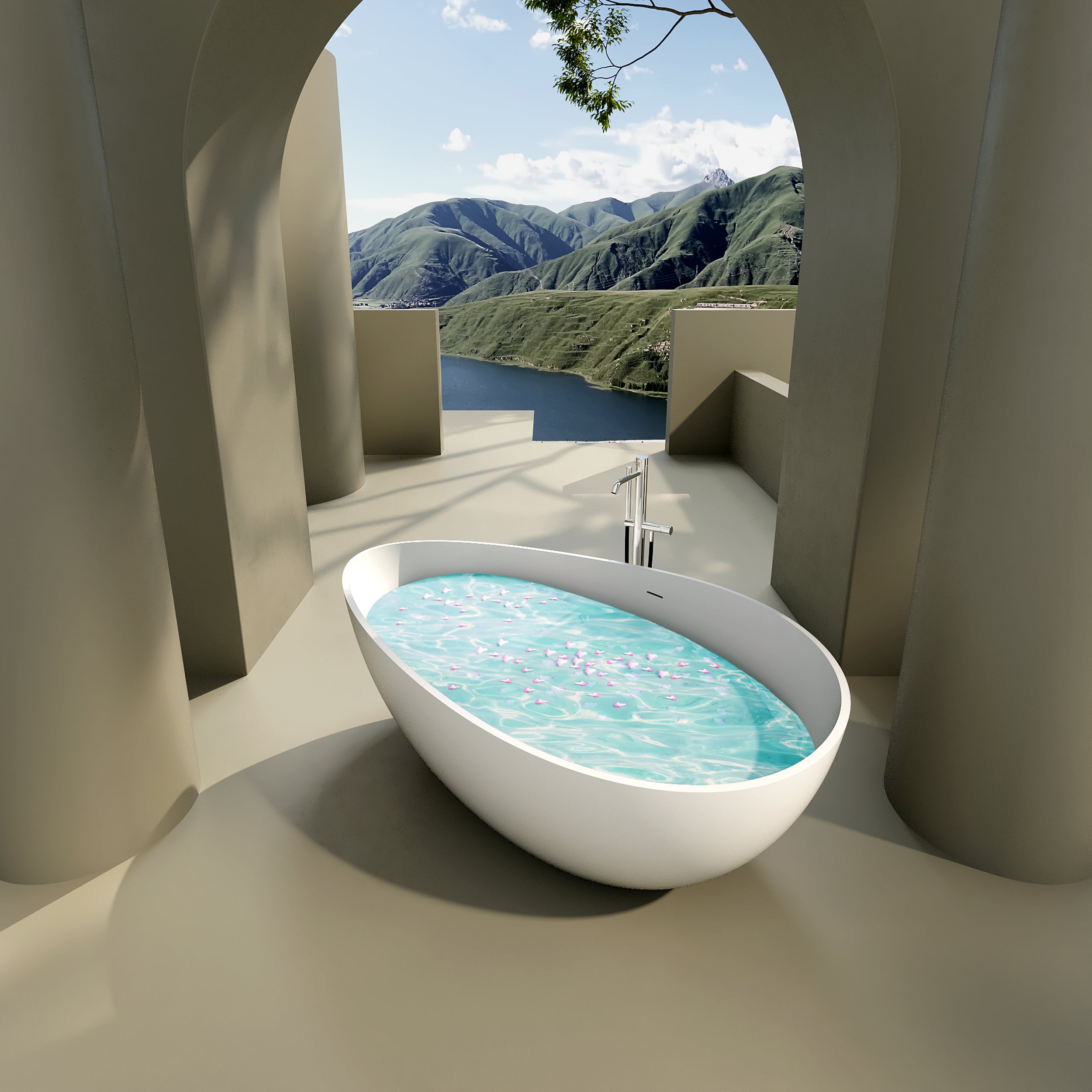 Solid Surface Freestanding Flatbottom Soaking Bathtub in Matte White