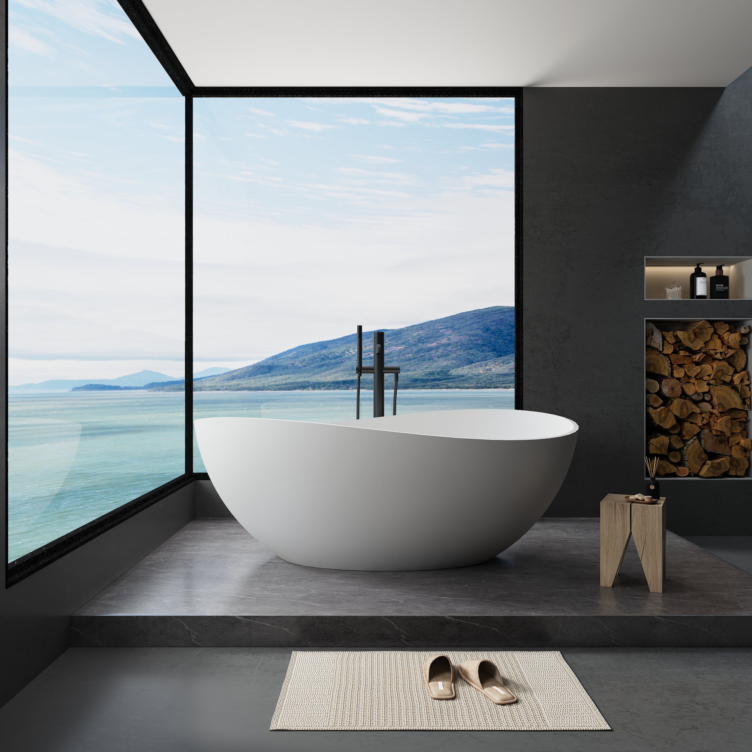 Solid Surface Freestanding Flatbottom Soaking Bathtub in Matte White