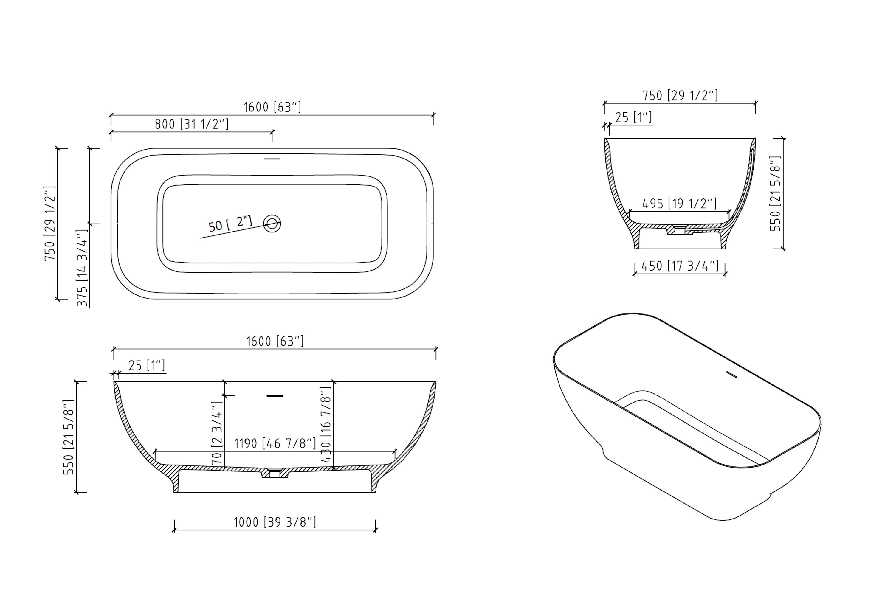 Solid Surface Freestanding Flatbottom Soaking Bathtub in Matte White