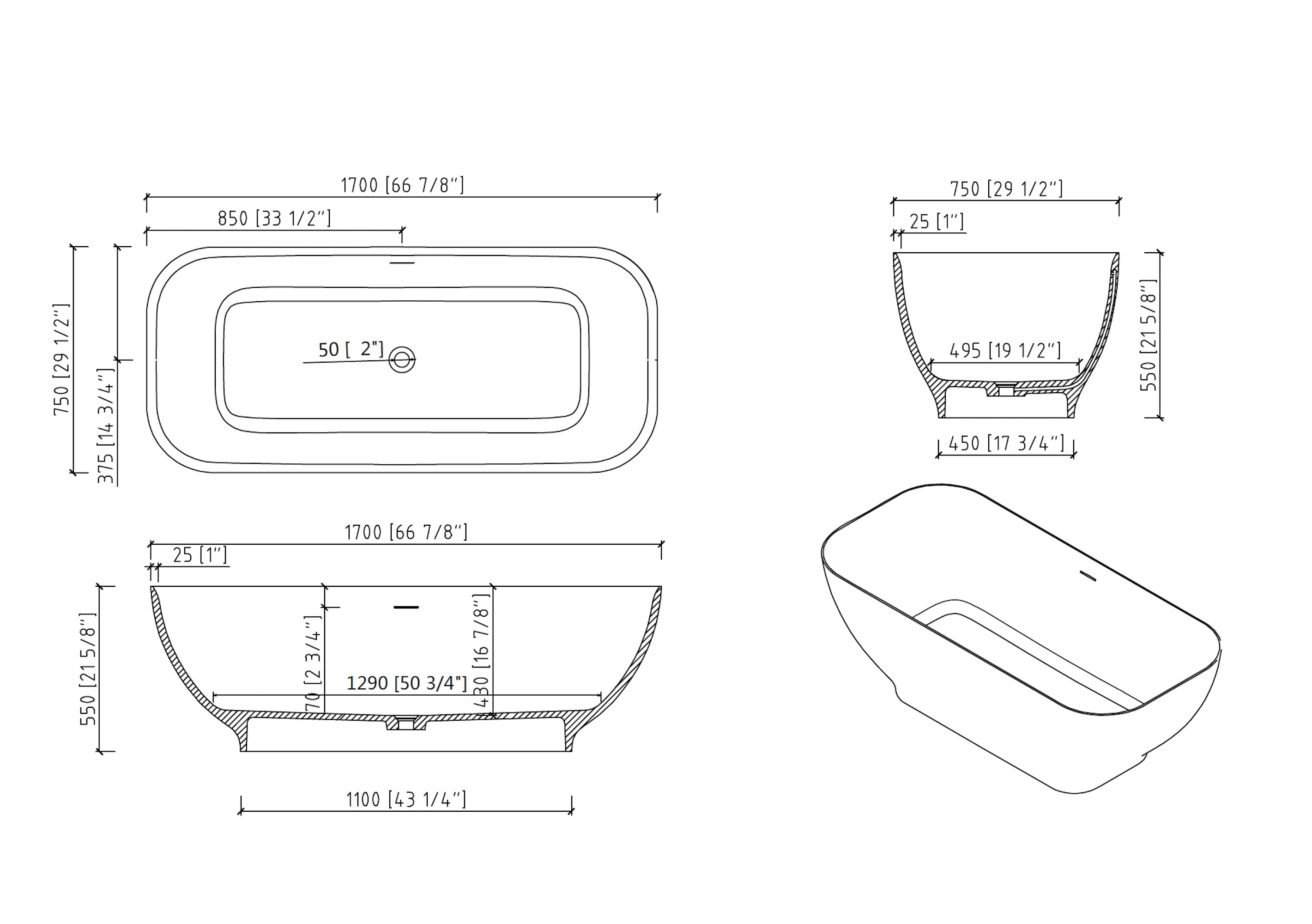 Solid Surface Freestanding Flatbottom Soaking Bathtub in Matte White
