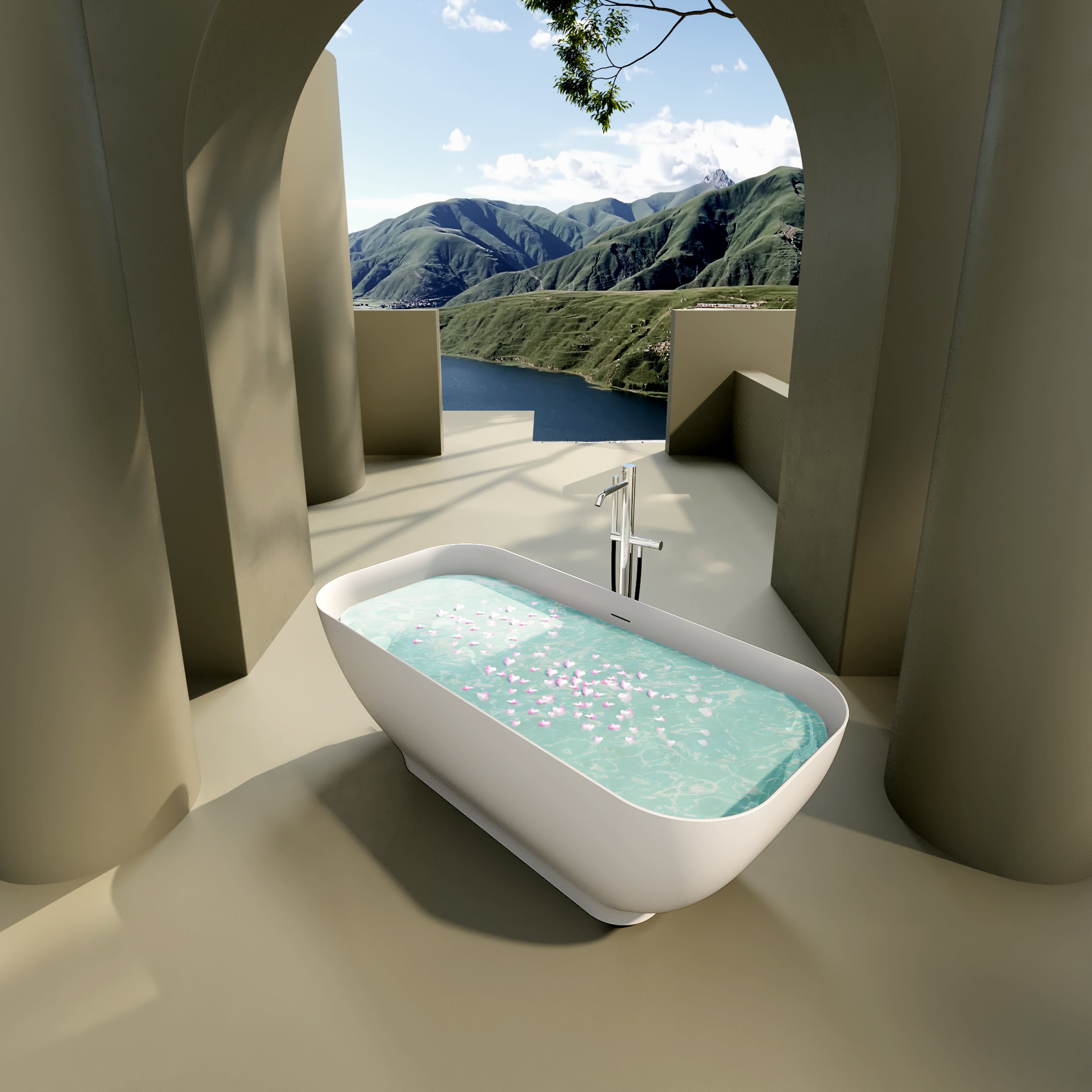 Solid Surface Freestanding Flatbottom Soaking Bathtub in Matte White