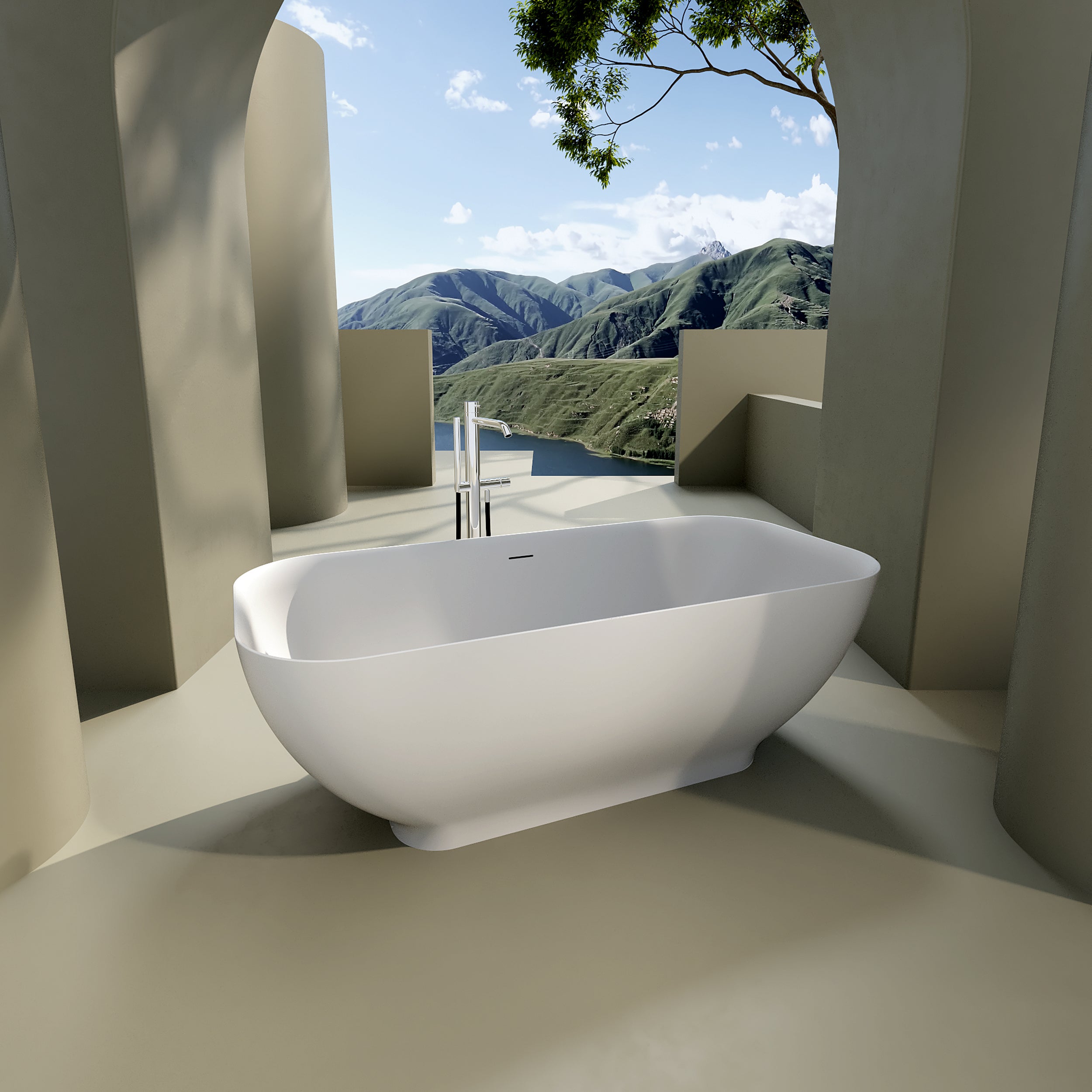 Solid Surface Freestanding Flatbottom Soaking Bathtub in Matte White