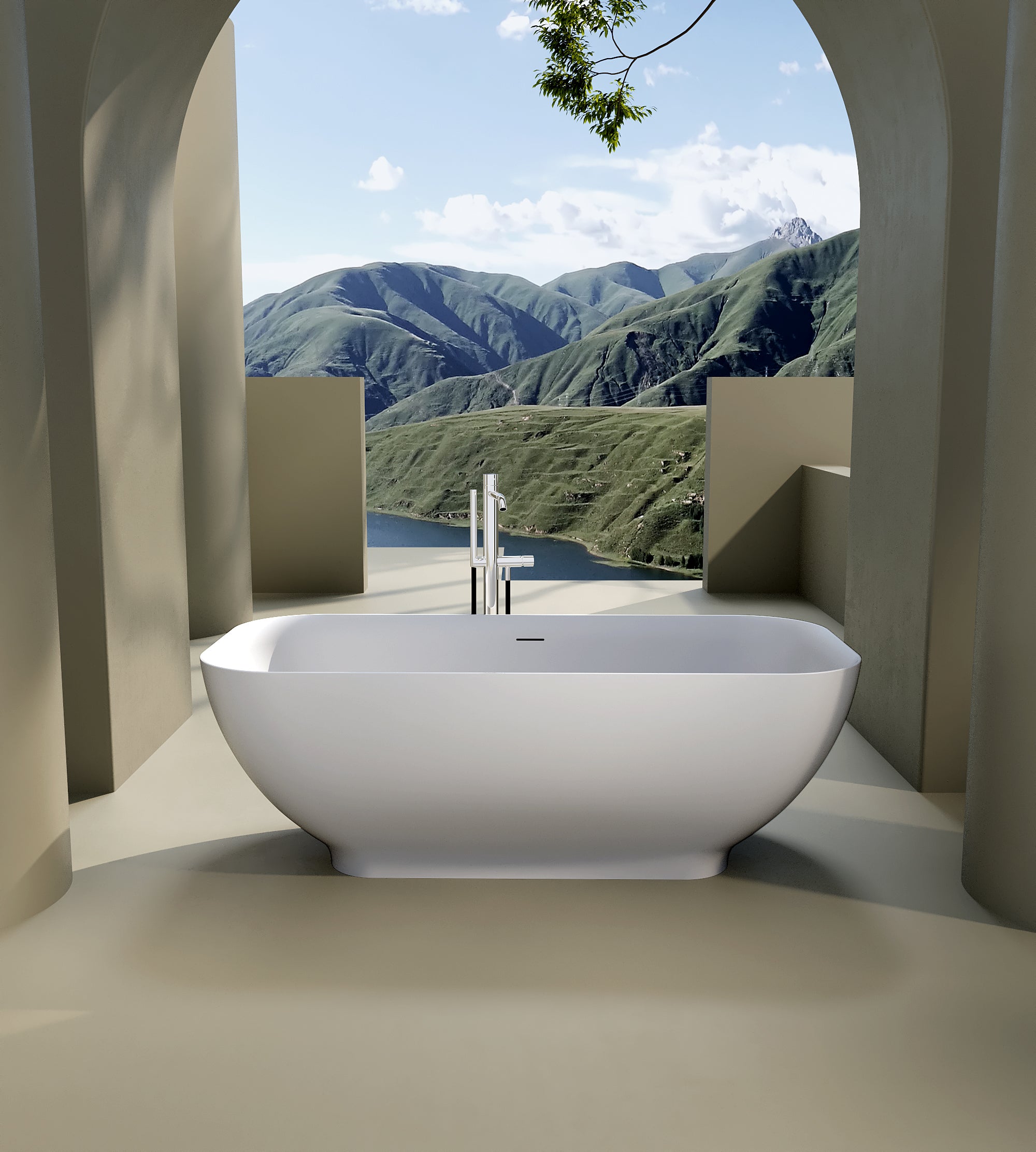 Solid Surface Freestanding Flatbottom Soaking Bathtub in Matte White