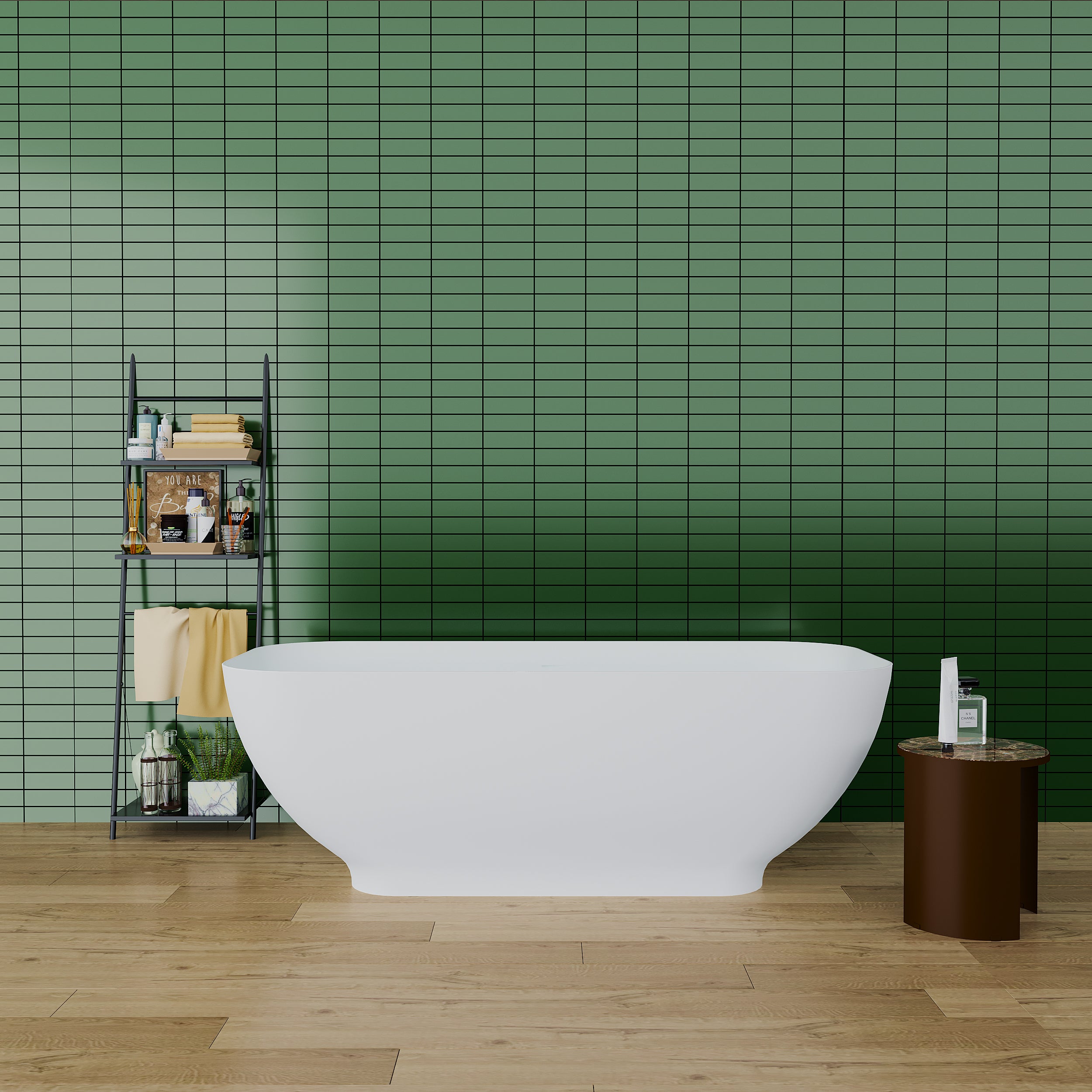 Solid Surface Freestanding Flatbottom Soaking Bathtub in Matte White