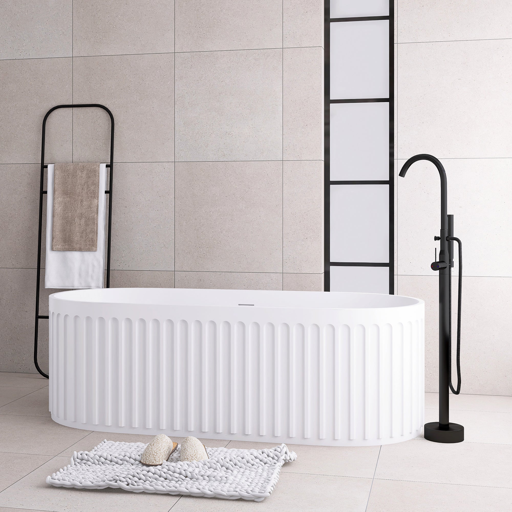 Solid Surface Freestanding Flatbottom Soaking Bathtub in Matte White