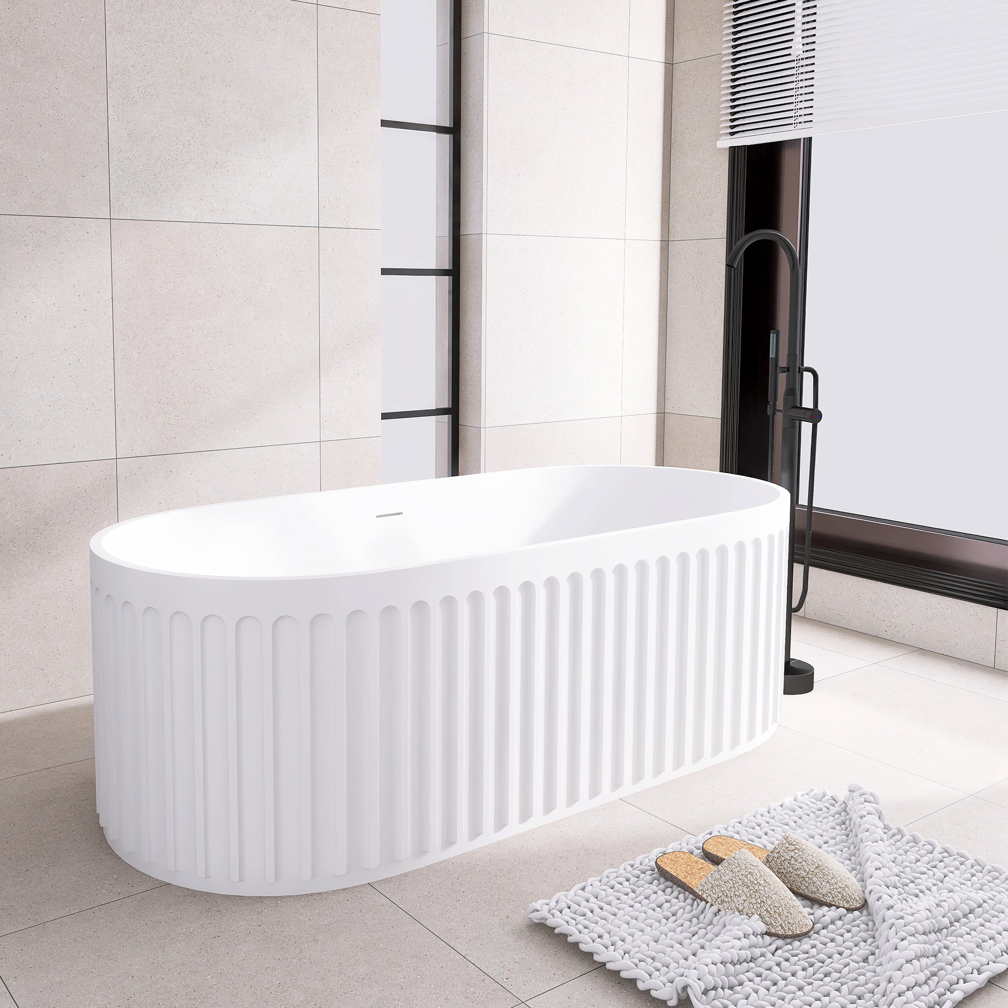 Solid Surface Freestanding Flatbottom Soaking Bathtub in Matte White