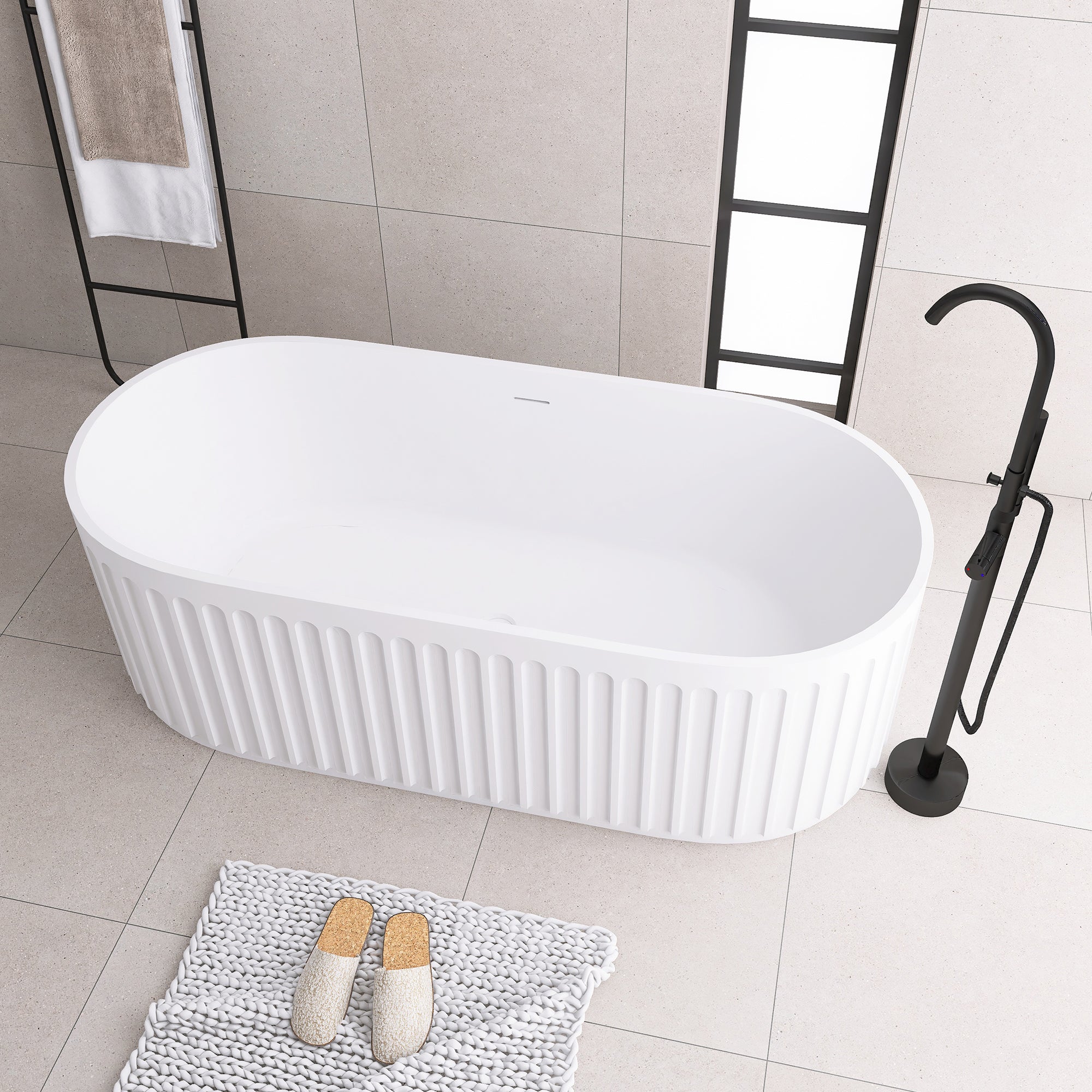 Solid Surface Freestanding Flatbottom Soaking Bathtub in Matte White