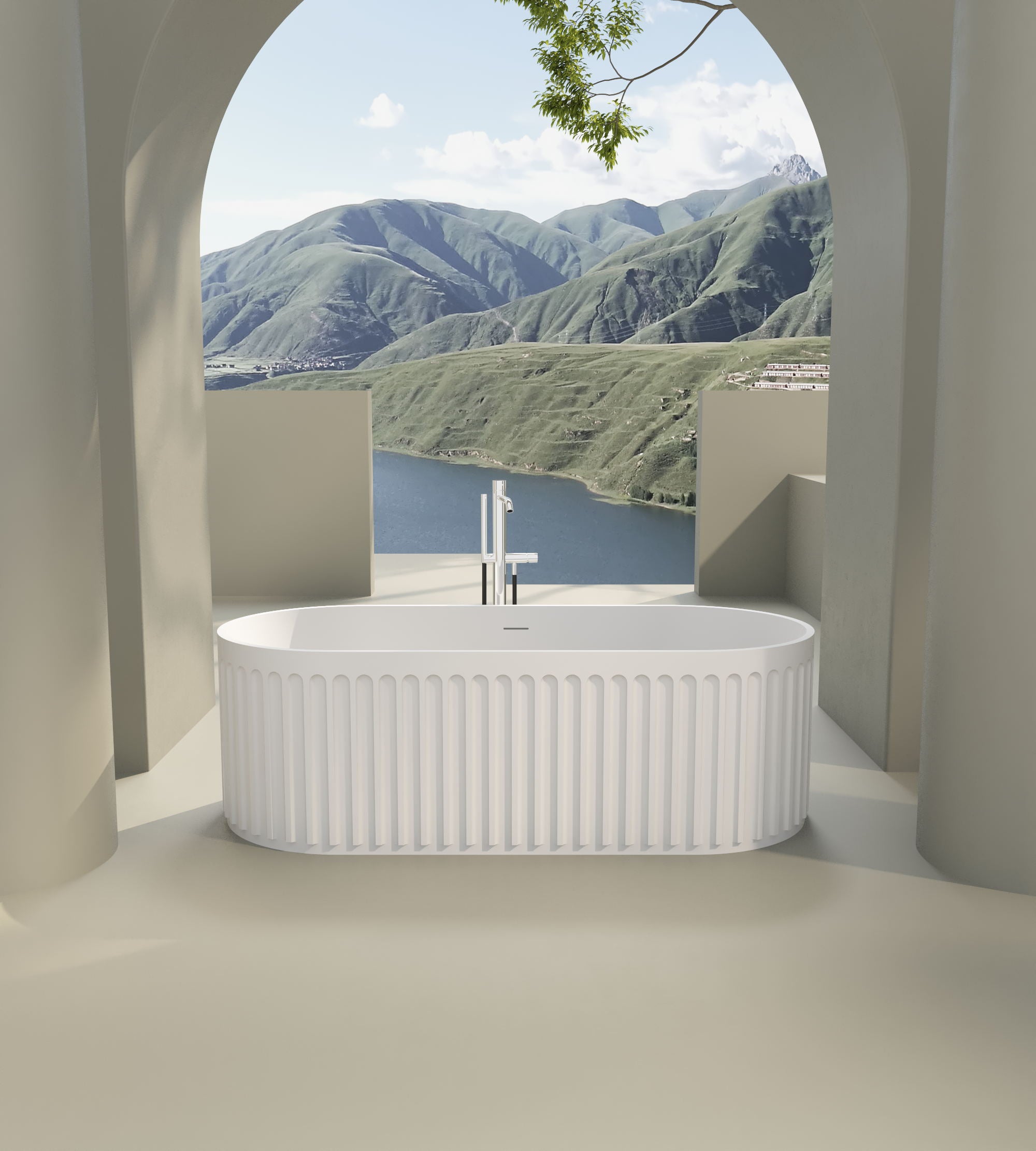 Solid Surface Freestanding Flatbottom Soaking Bathtub in Matte White
