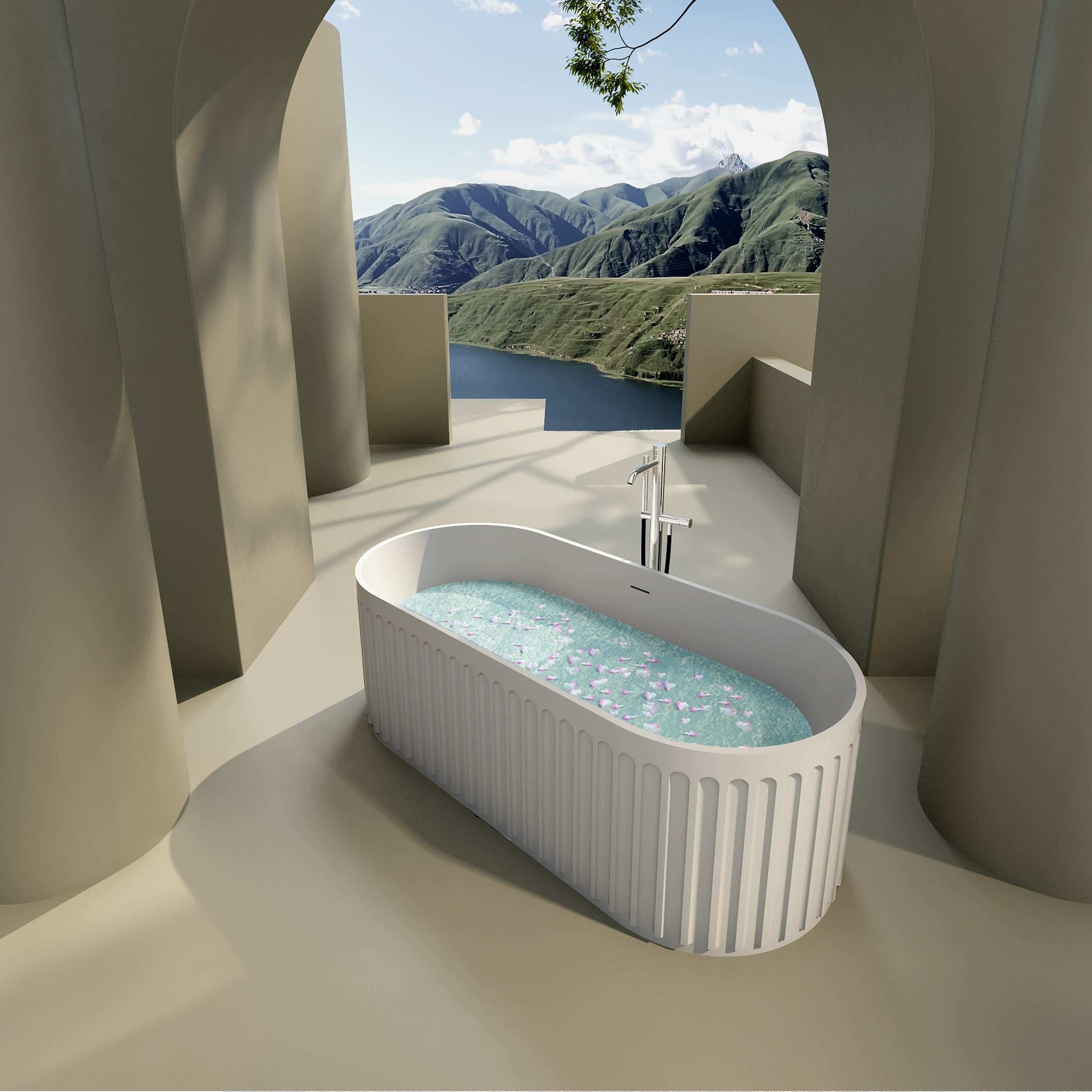 Solid Surface Freestanding Flatbottom Soaking Bathtub in Matte White
