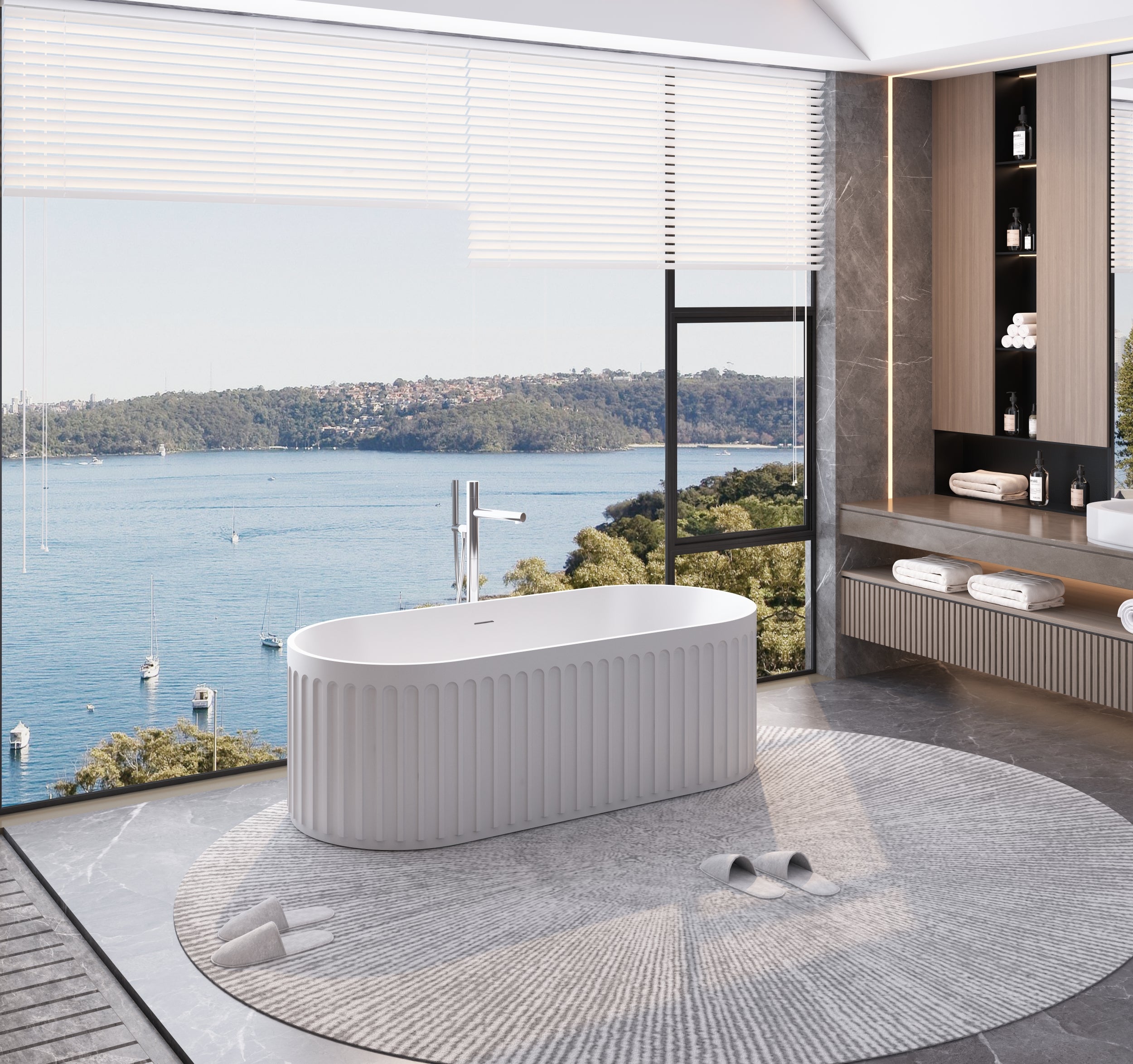Solid Surface Freestanding Flatbottom Soaking Bathtub in Matte White