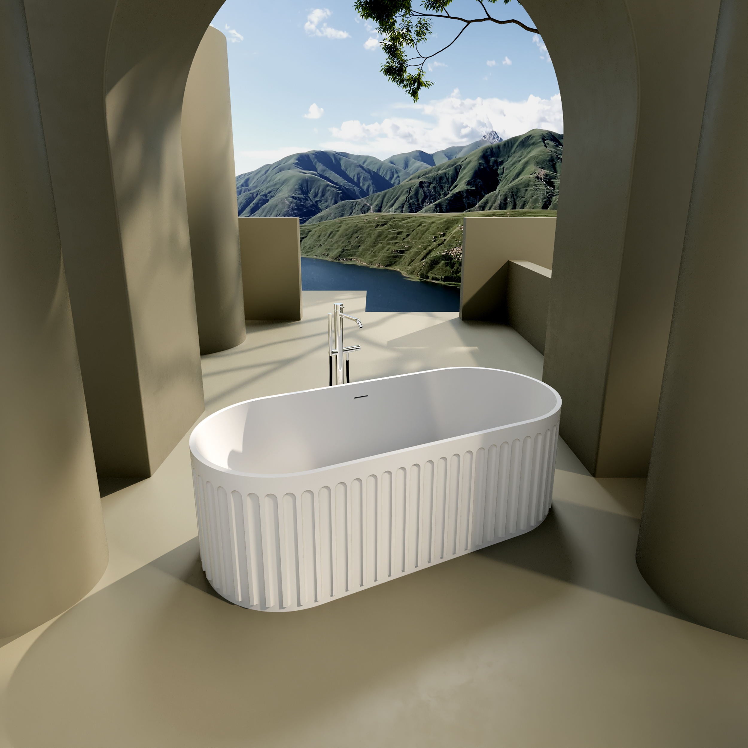 Solid Surface Freestanding Flatbottom Soaking Bathtub in Matte White