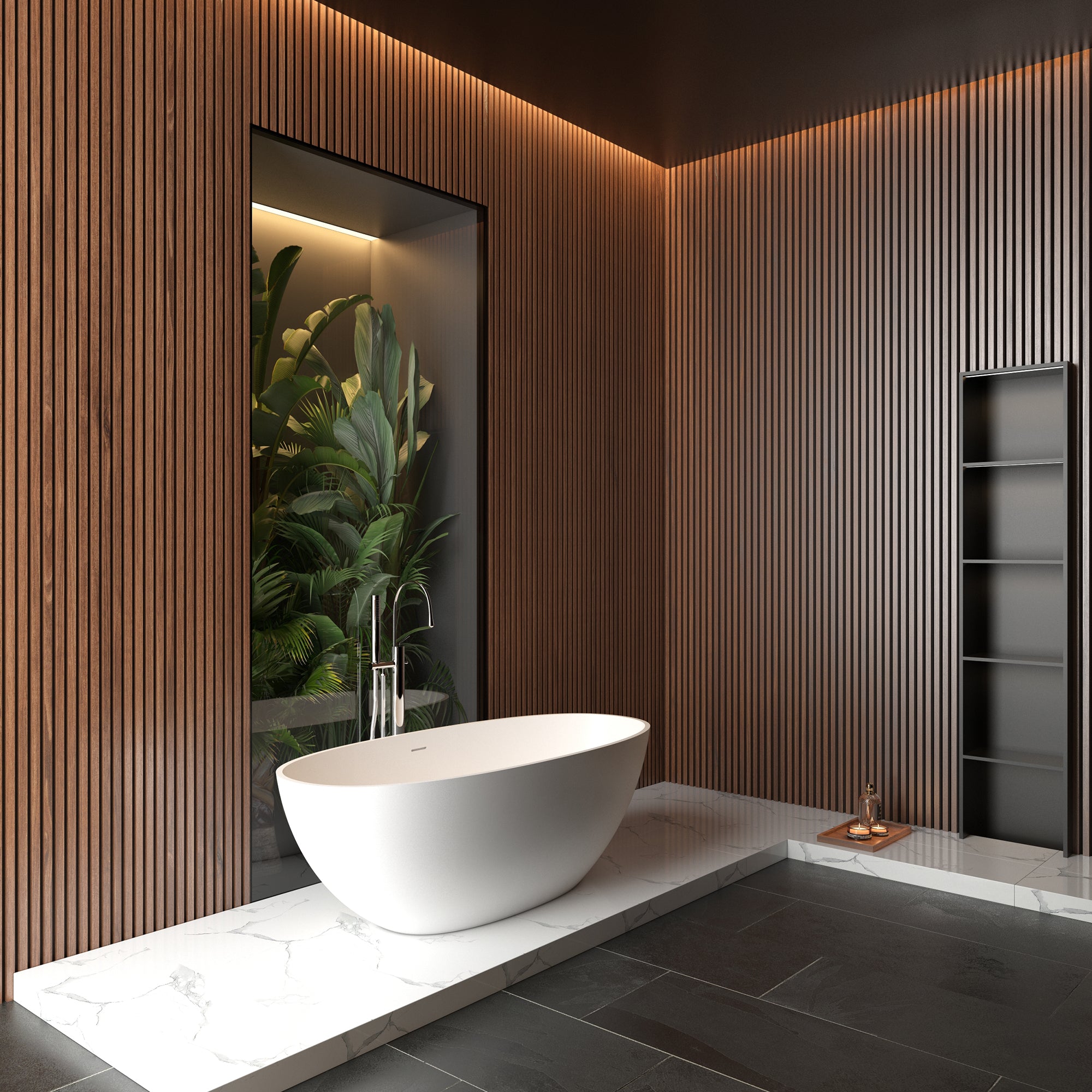 Solid Surface Freestanding Flatbottom Soaking Bathtub in Matte White