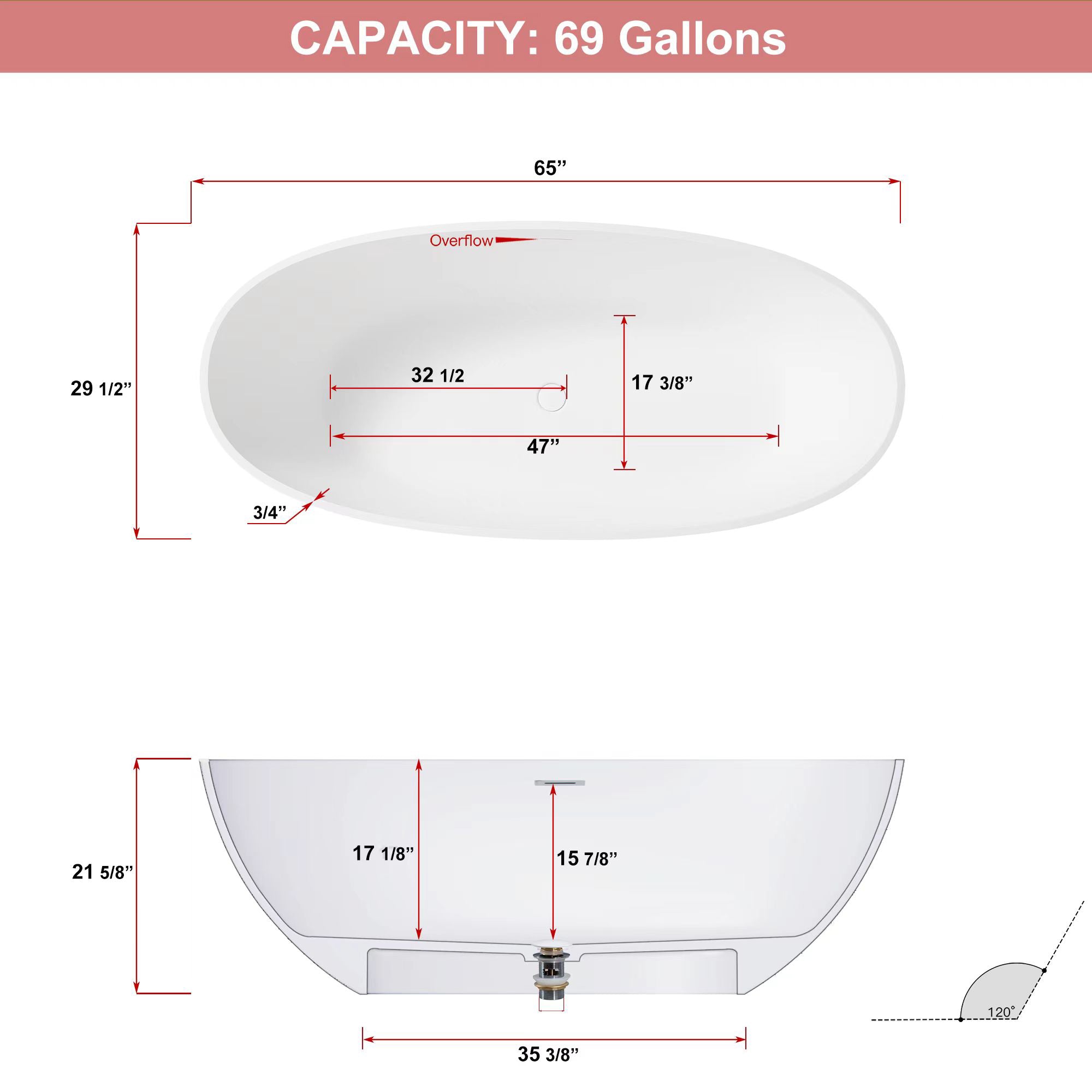 Solid Surface Freestanding Flatbottom Soaking Bathtub in Matte White