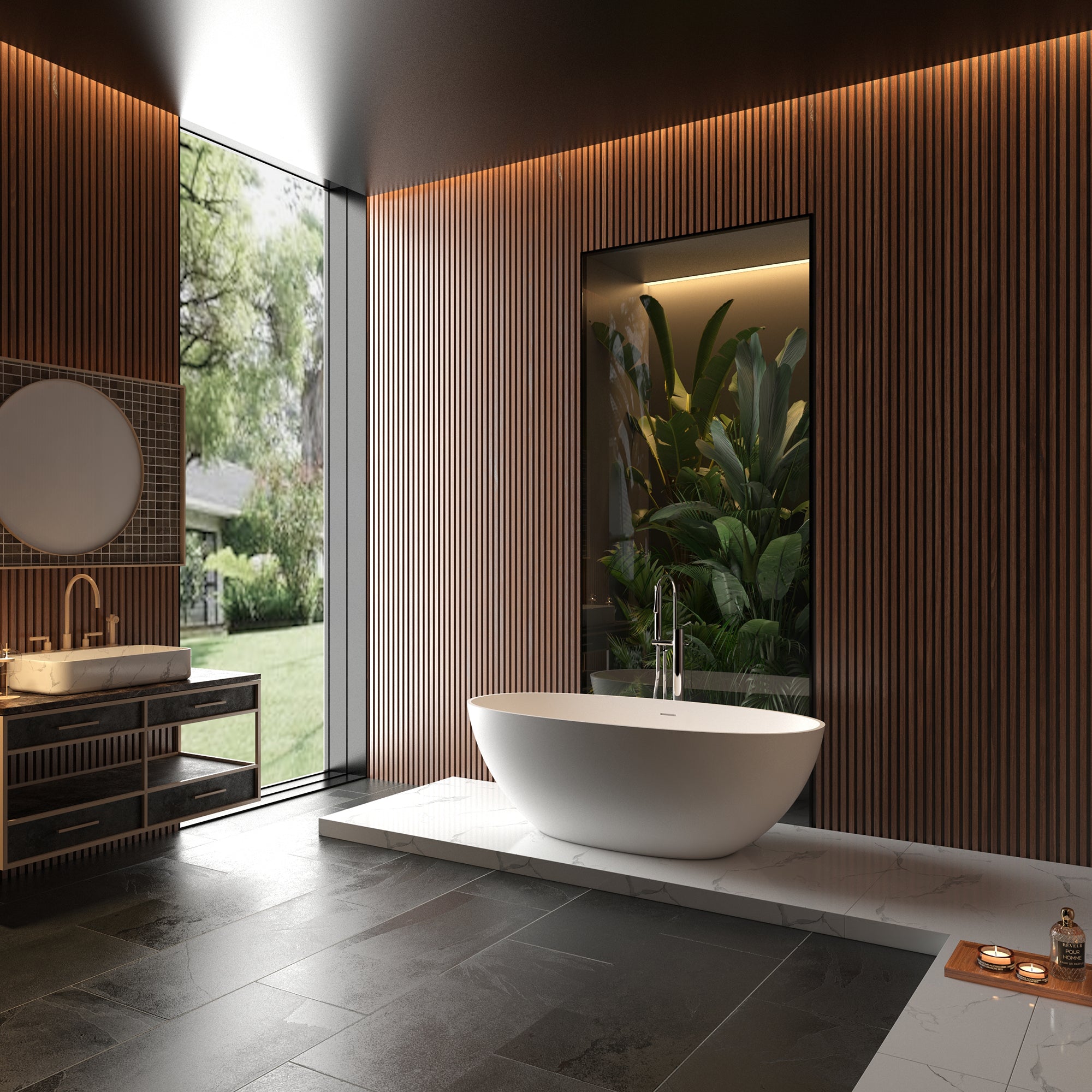 Solid Surface Freestanding Flatbottom Soaking Bathtub in Matte White