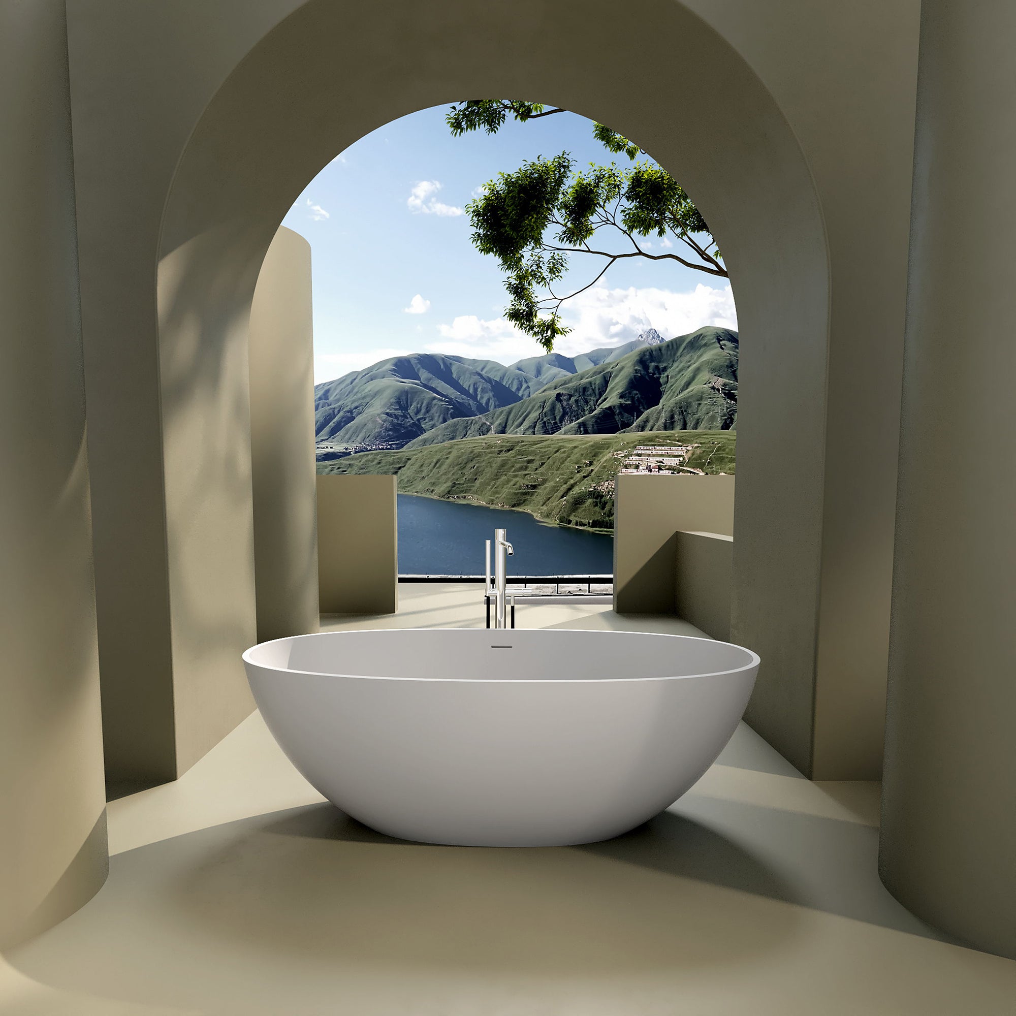 Solid Surface Freestanding Flatbottom Soaking Bathtub in Matte White