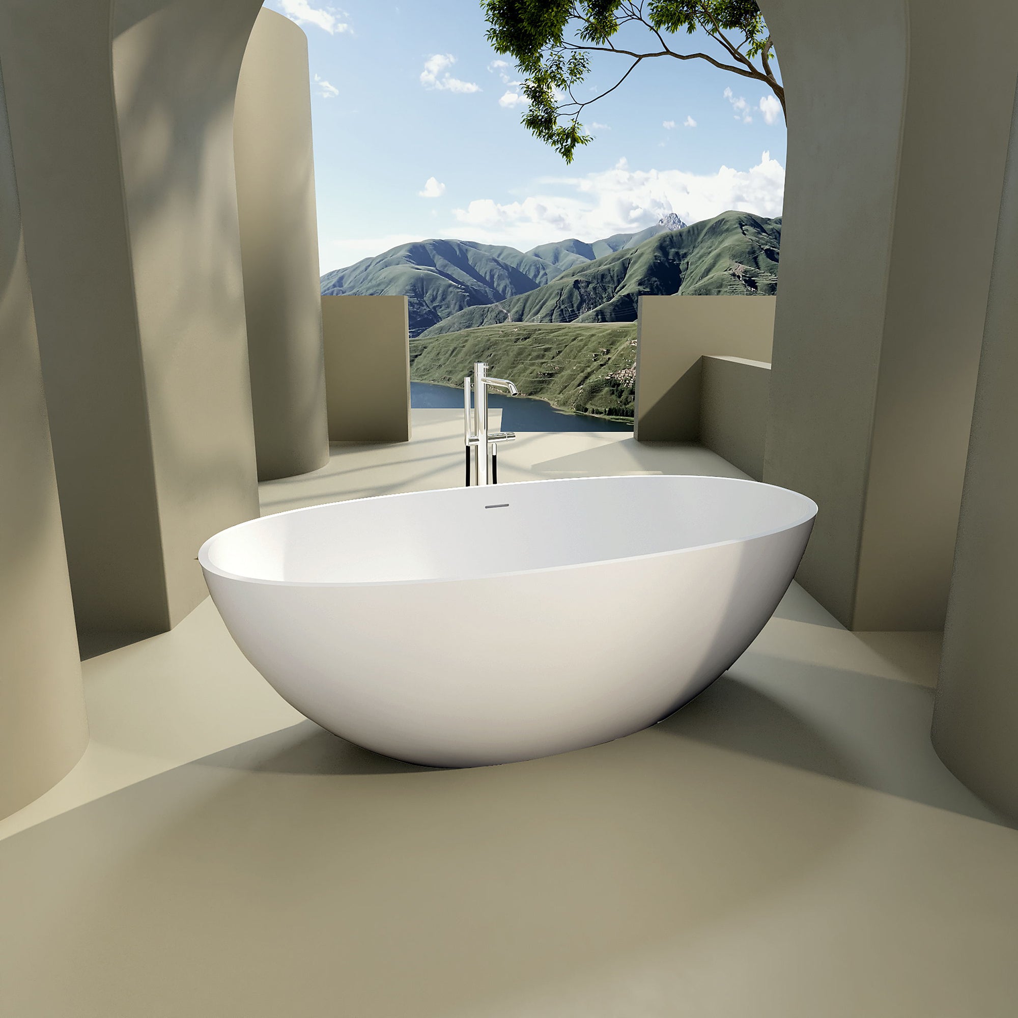 Solid Surface Freestanding Flatbottom Soaking Bathtub in Matte White