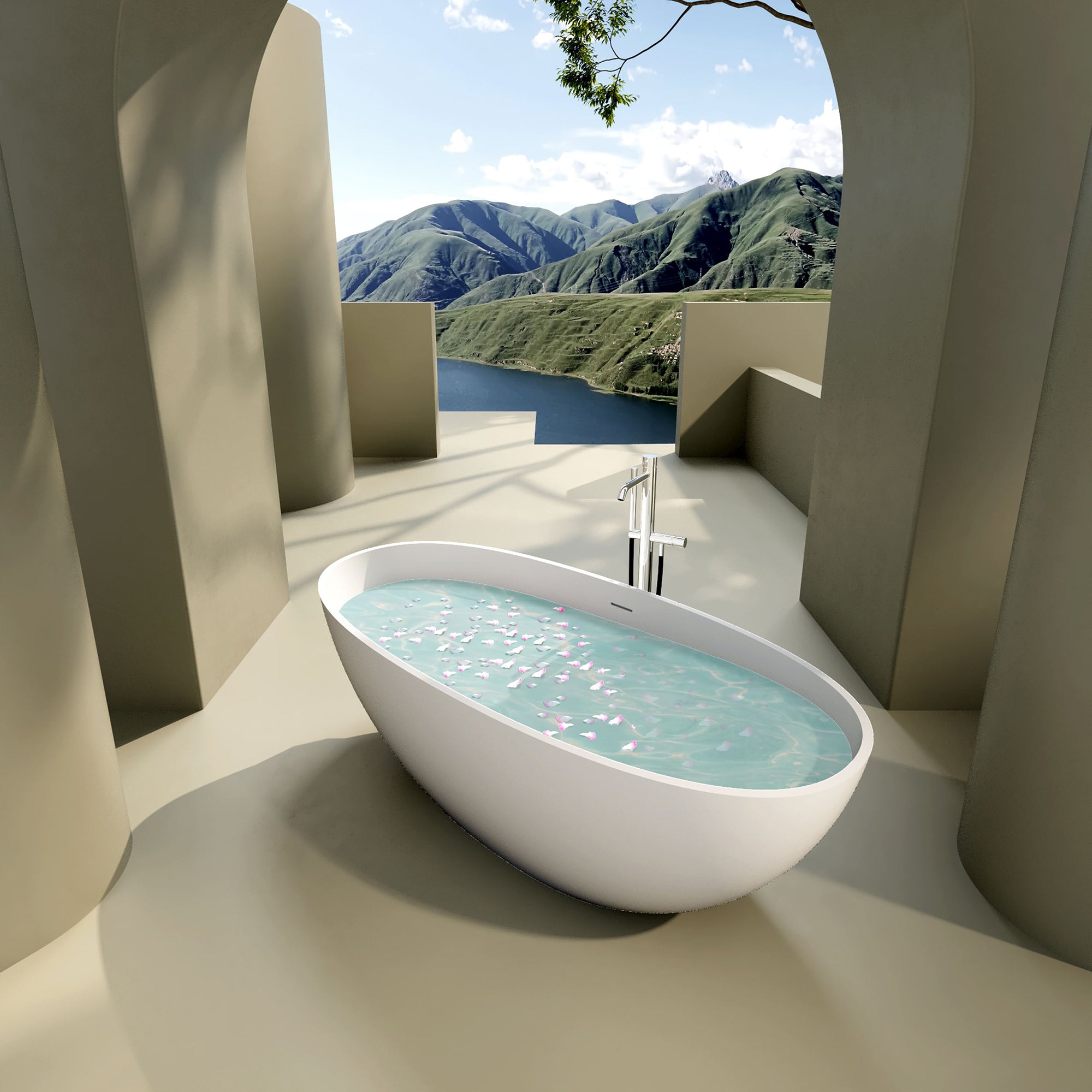 Solid Surface Freestanding Flatbottom Soaking Bathtub in Matte White