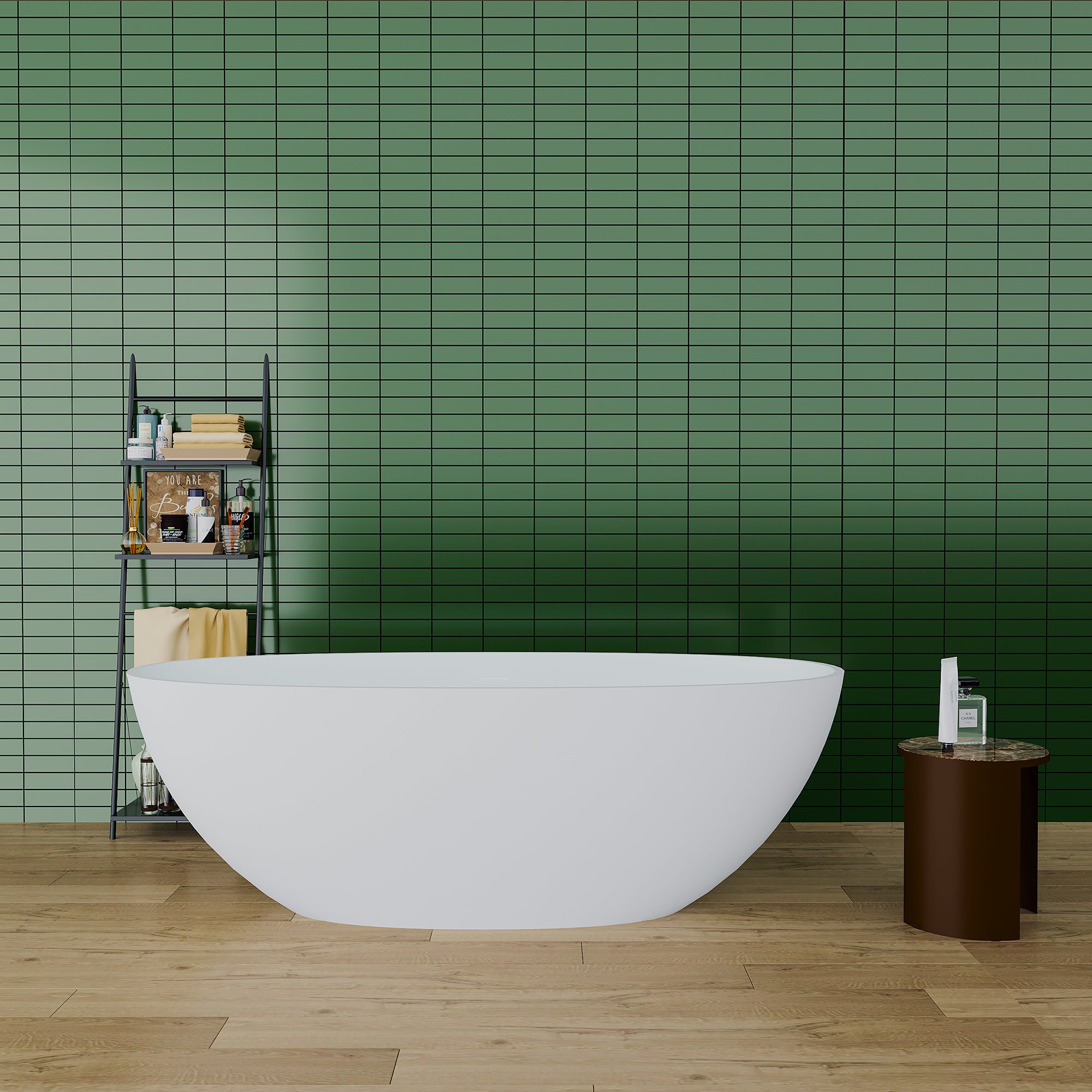 Solid Surface Freestanding Flatbottom Soaking Bathtub in Matte White