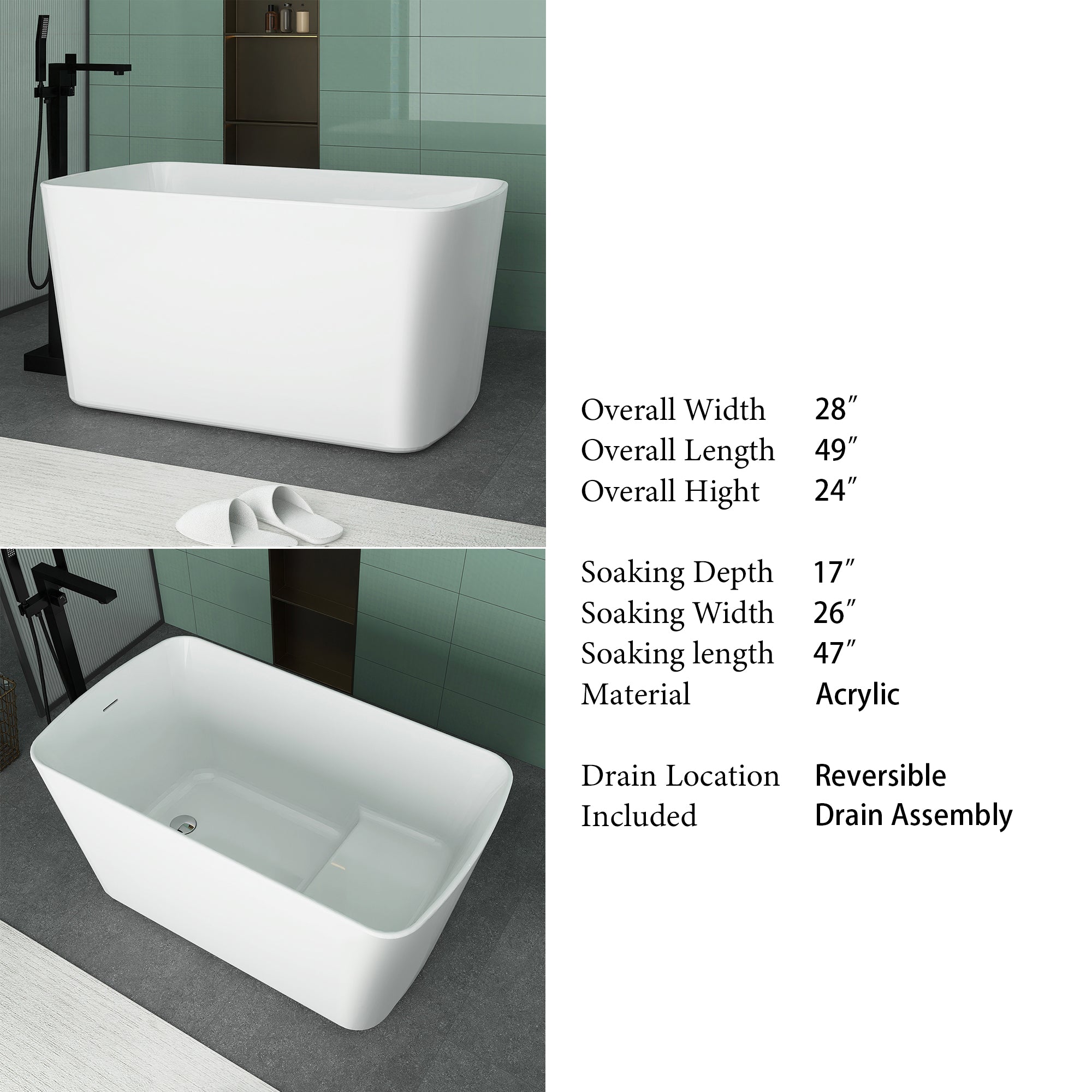 49 in. Acrylic Freestanding Flatbottom Soaking Bathtub in White