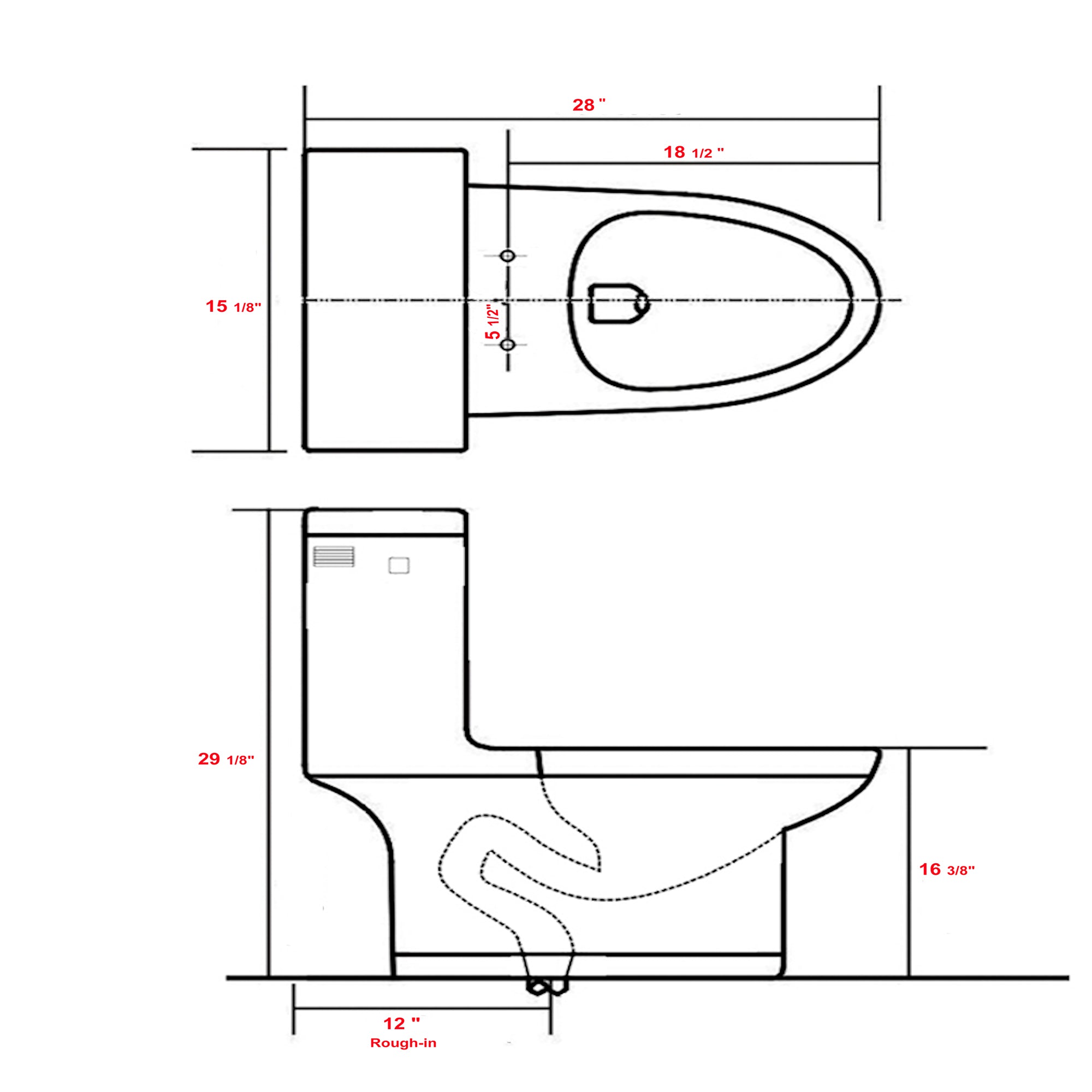 15 1/8 Inch 1.28 GPF One Piece Single Flush Elongated Toilet with Soft-Close Seat 
