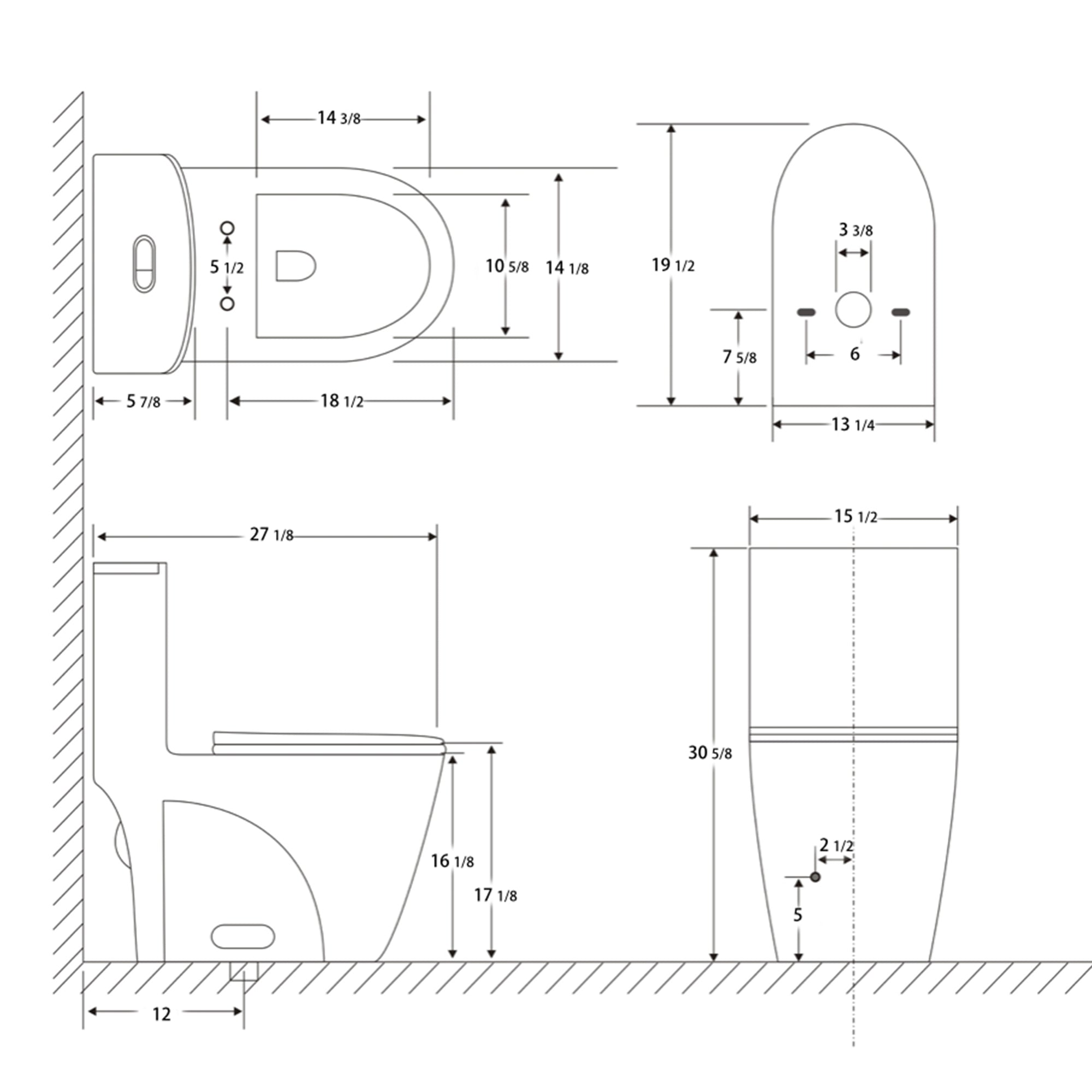 15 5/8 Inch One Piece 1.1/1.6 GPF Dual Flush Elongated Toilet