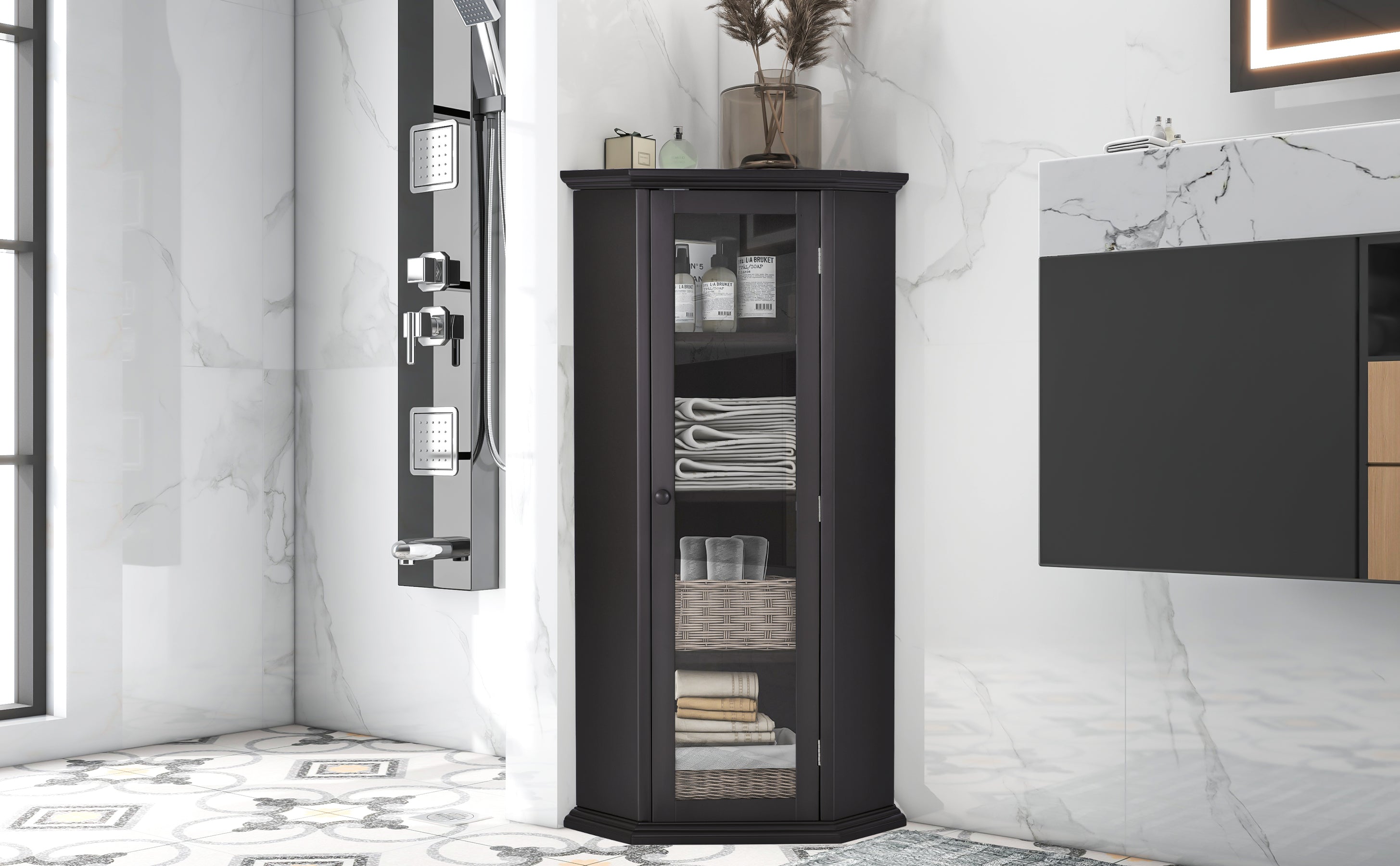 42" Wood 1-door Storage Corner Cabinet with Glass Door